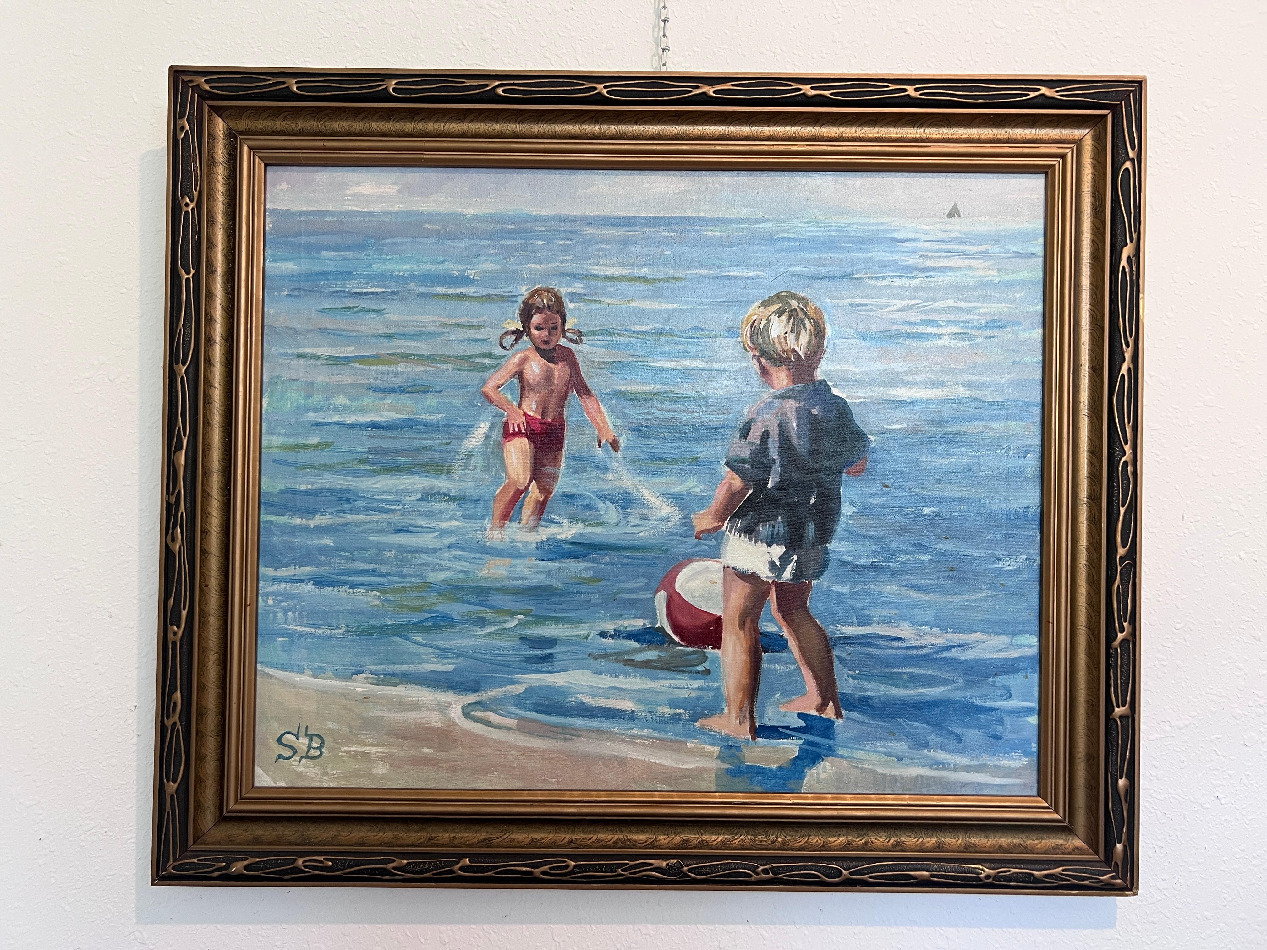 Affascinante dipinto a olio d'epoca di bambini che giocano in riva al mare - firmato SB, incorniciato - Painting di Unknown