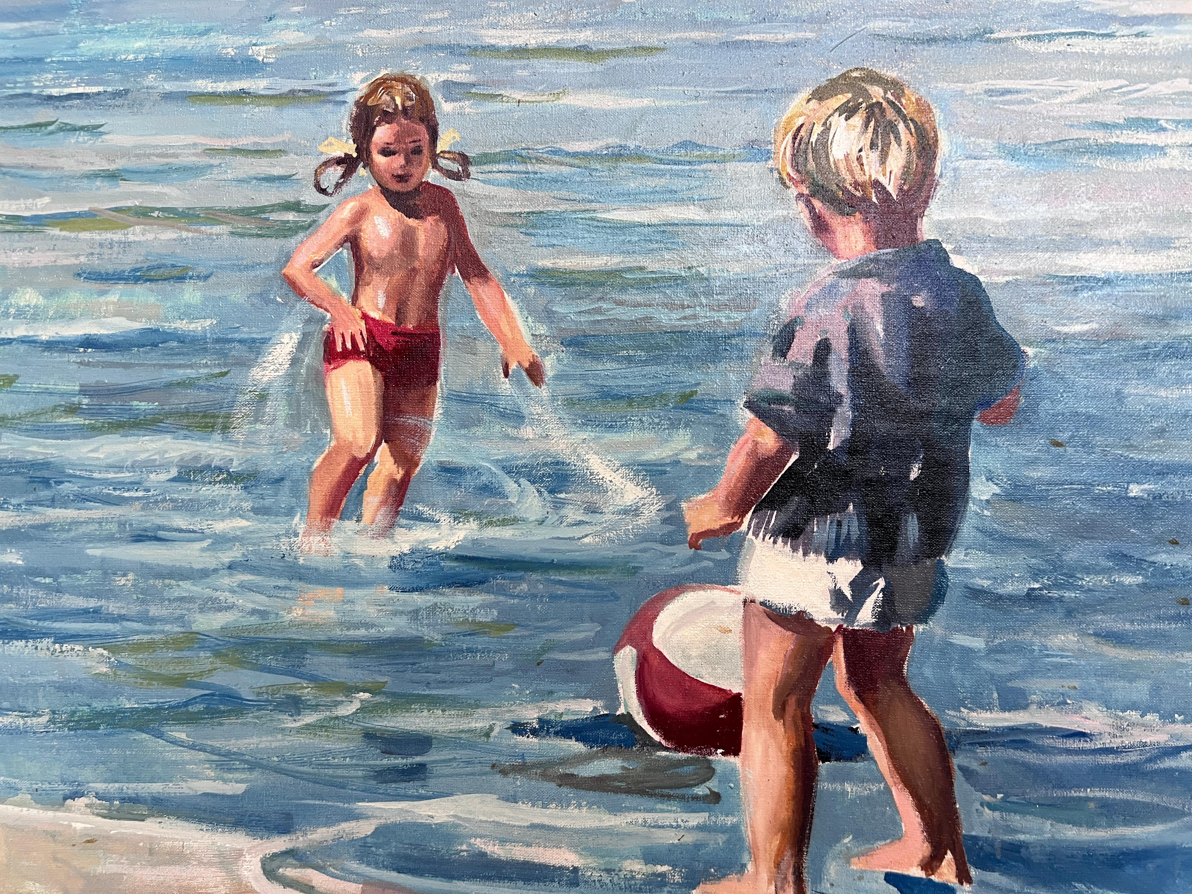 Affascinante dipinto a olio d'epoca di bambini che giocano in riva al mare - firmato SB, incorniciato - Painting Impressionismo di Unknown