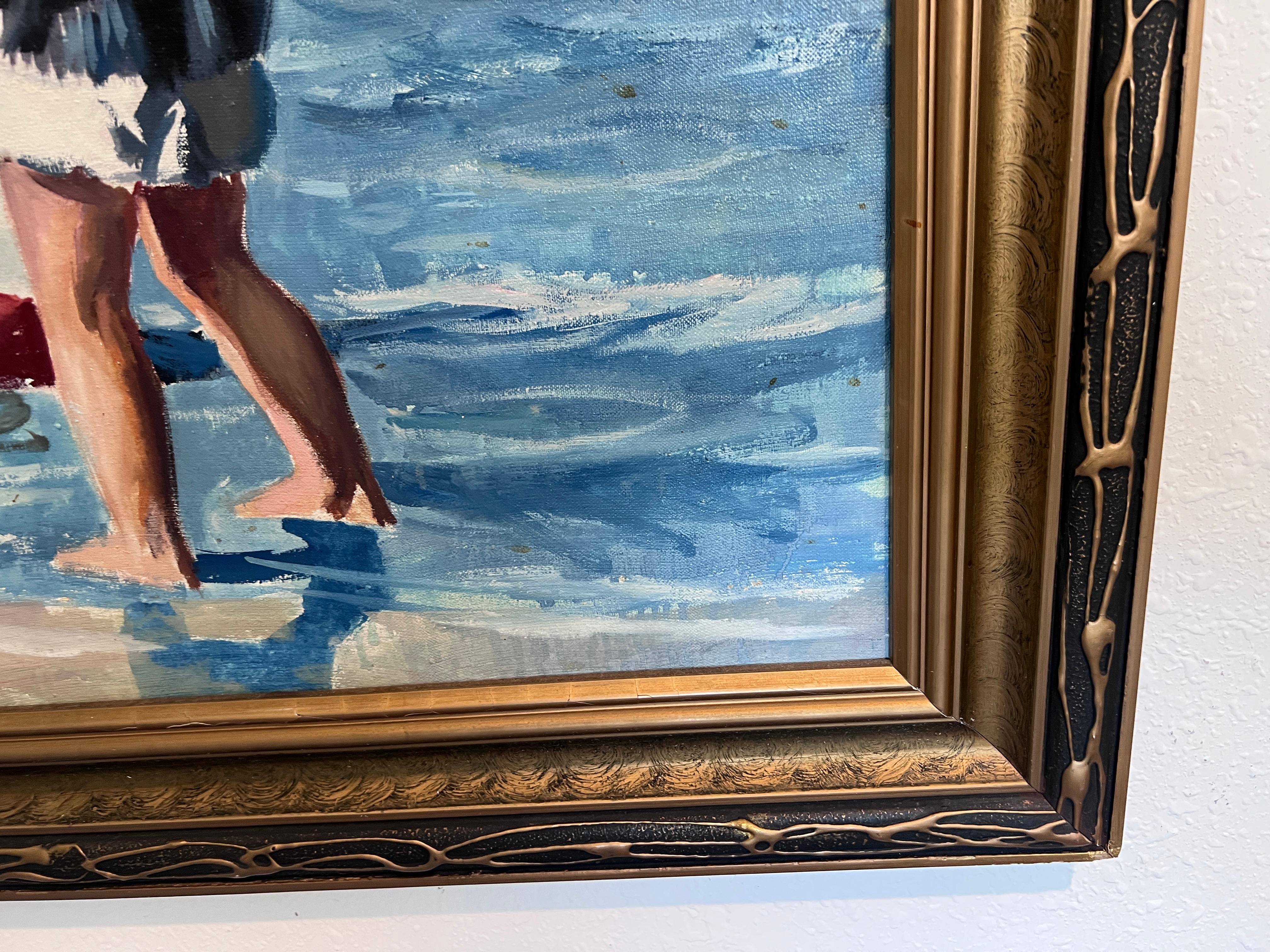 Affascinante dipinto a olio d'epoca di bambini che giocano in riva al mare - firmato SB, incorniciato in vendita 3