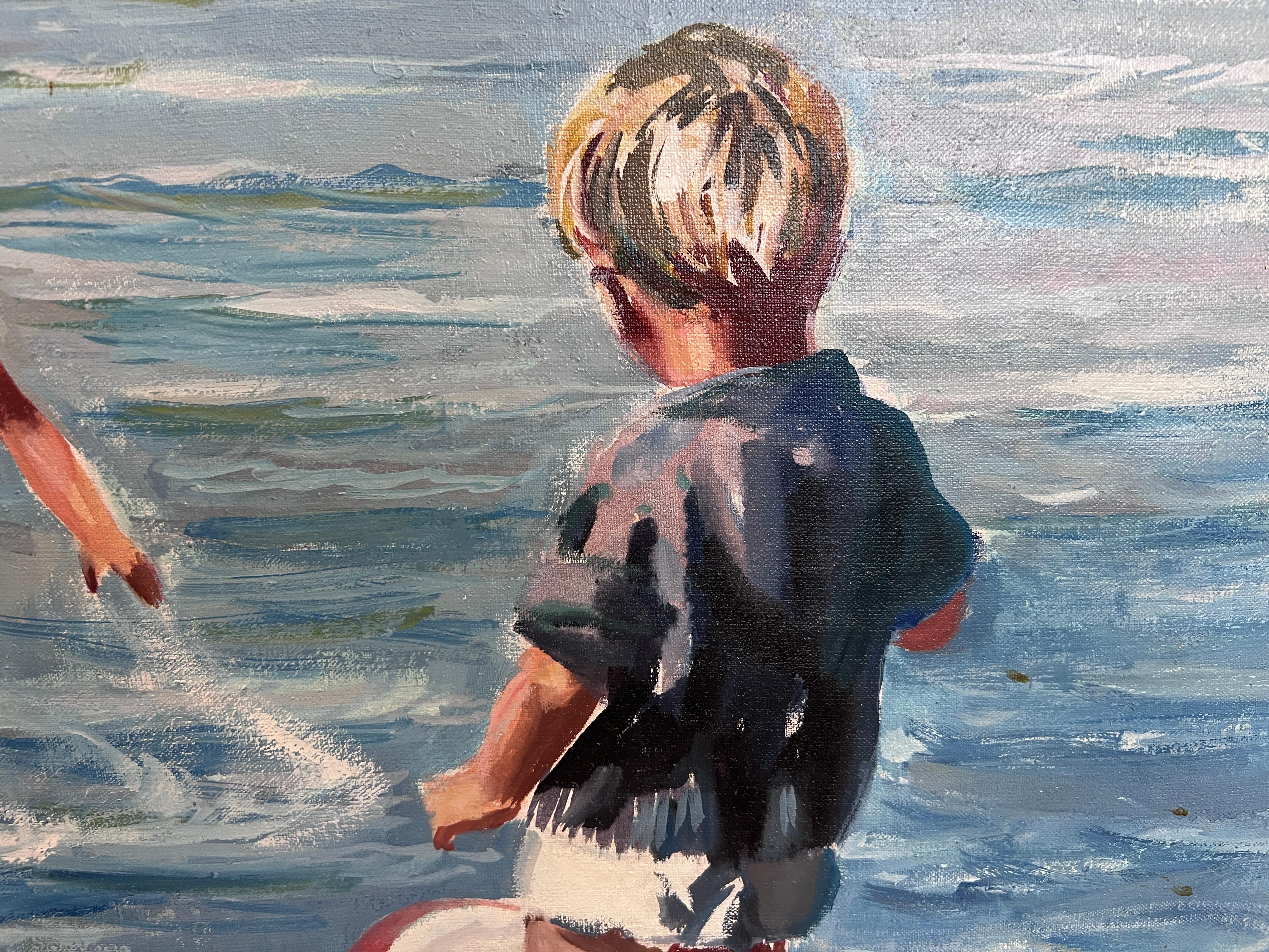 Affascinante dipinto a olio d'epoca di bambini che giocano in riva al mare - firmato SB, incorniciato in vendita 4