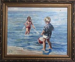 Charming Vintage Seaside Oil Painting of Children Playing — Signed SB, Framed