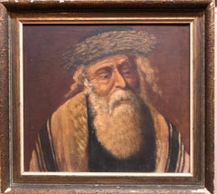 Chassidic Rabbi with Shtreimel, Rare Judaica Oil Painting Signed in Hebrew