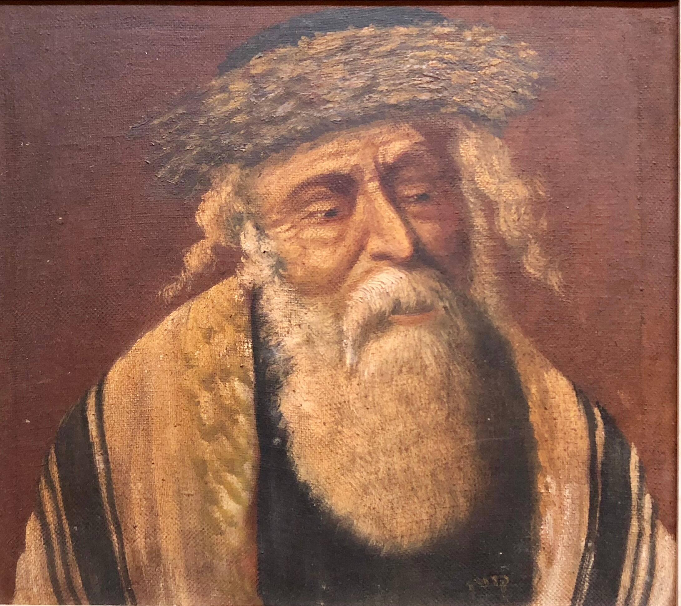 Unknown Portrait Painting - Chassidic Rabbi with Shtreimel, Rare Judaica Oil Painting Signed in Hebrew