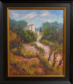 Chateau and Vineyard, Plein Air Landscape Original Art Black Frame Oil on Linen