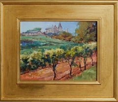 Chateau de Mung, paysage en plein air, cadre d'art original en or, huile sur carton de lin