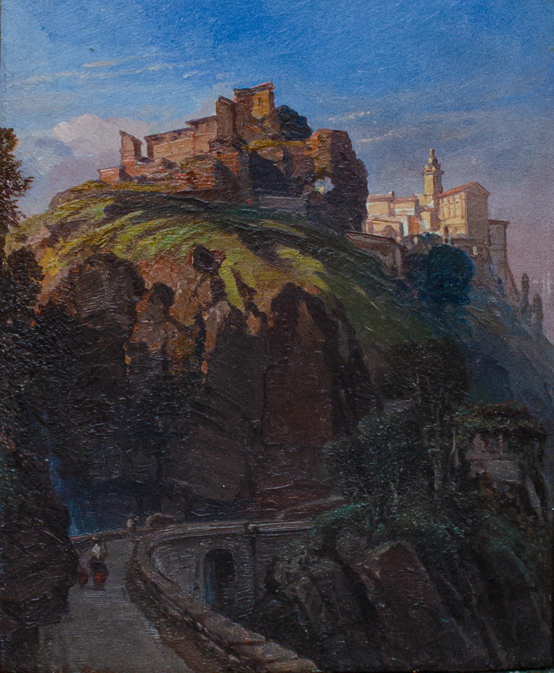 Figurative Painting di Unknown - "Chateau" Scuola Europea, Castello sopra un paesaggio montuoso europeo