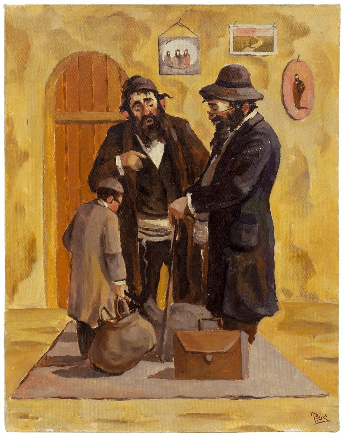 Unknown Figurative Painting - Cheder Boy "Off to Yeshiva" Judaica Painting