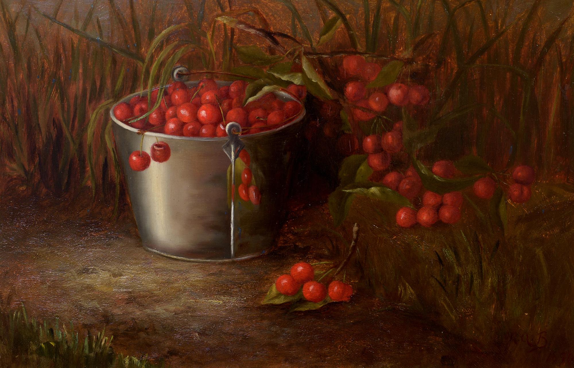 Unknown Still-Life Painting – Cherry Picking, Monogrammiert MAB und datiert 1890, American School, Stillleben