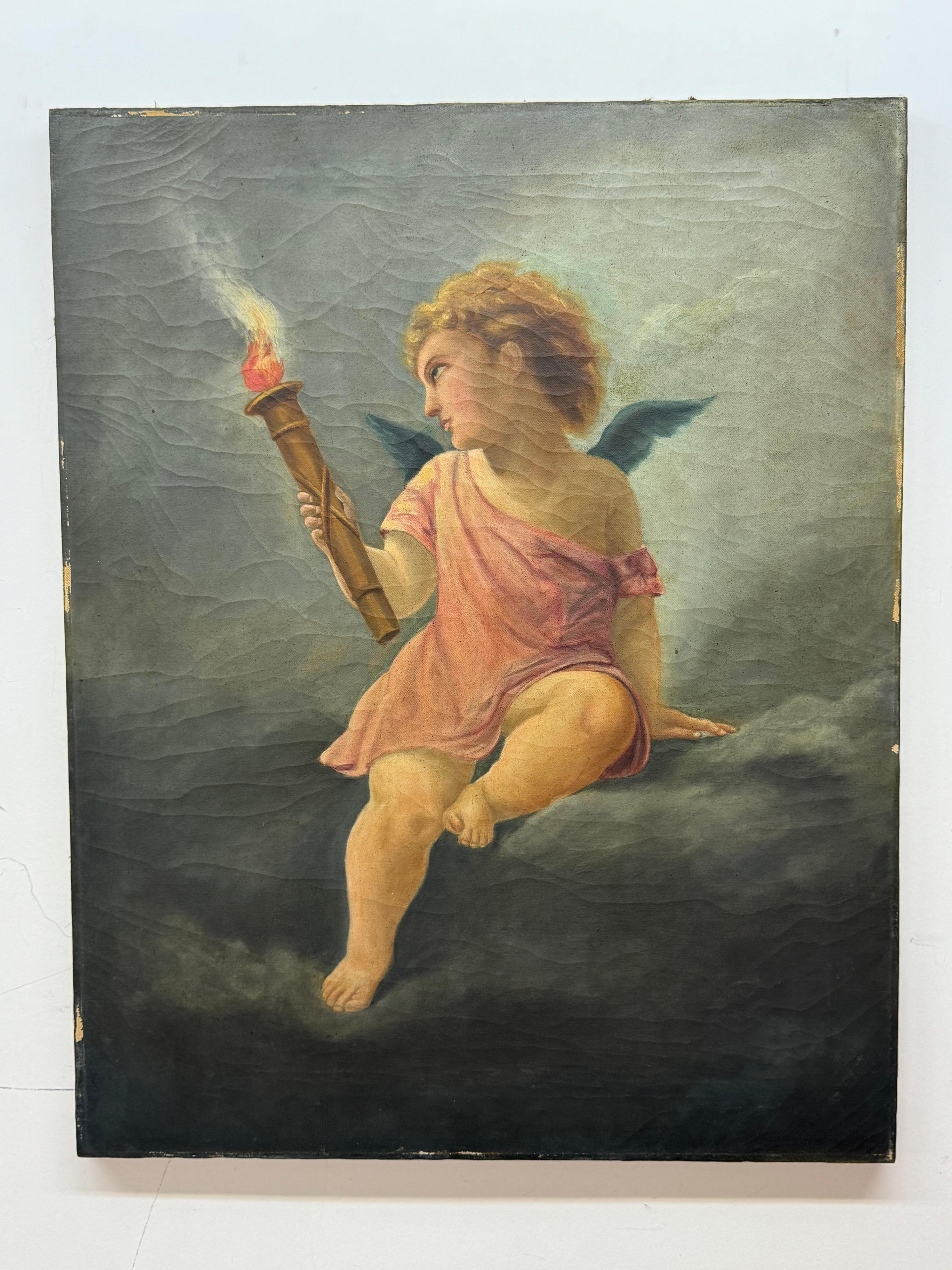 Unknown Figurative Painting - Cherub Young Liberty Holding Torch Oil Painting