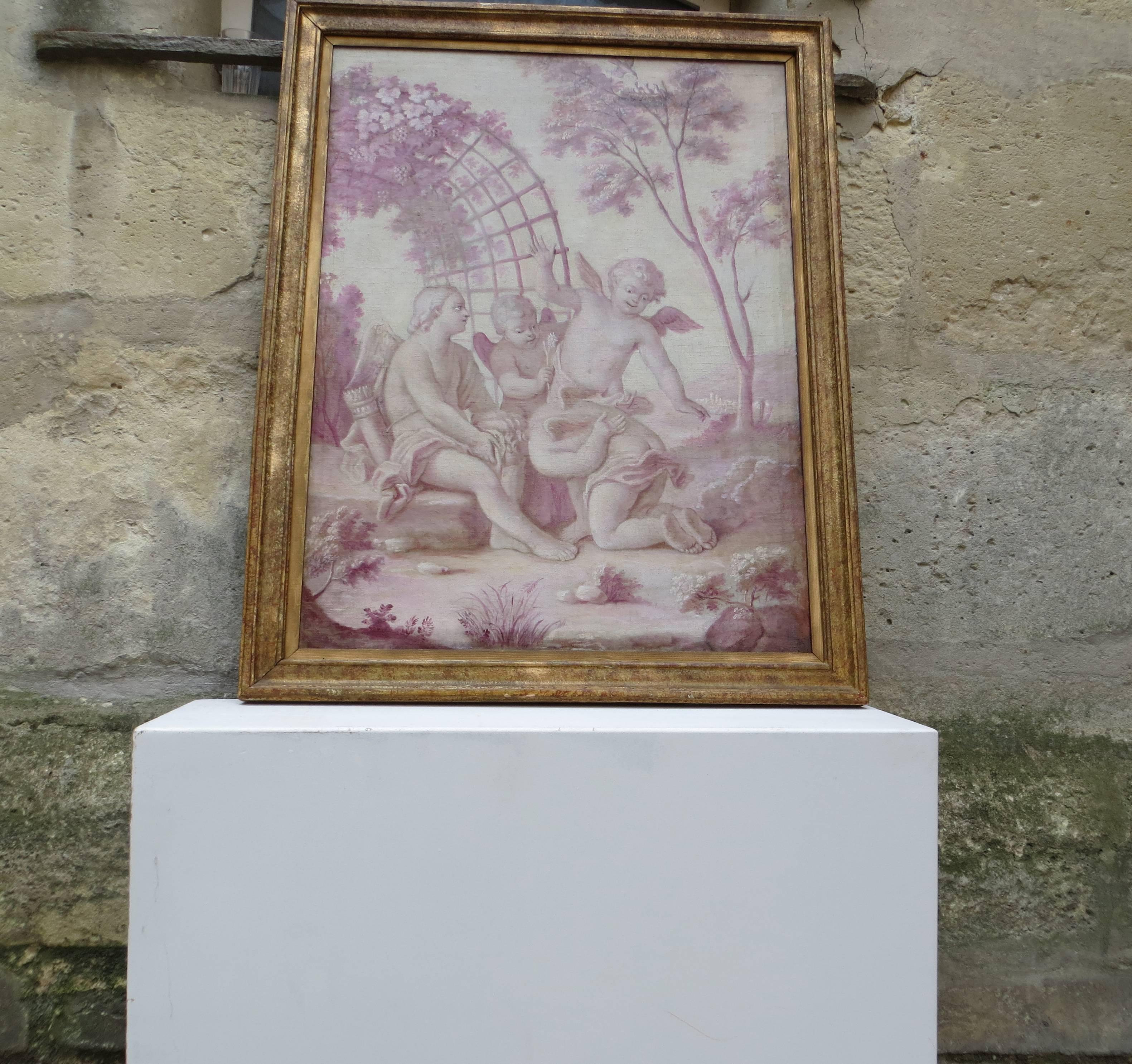Cherubs Playing in a Park Grisaille - Painting by Unknown