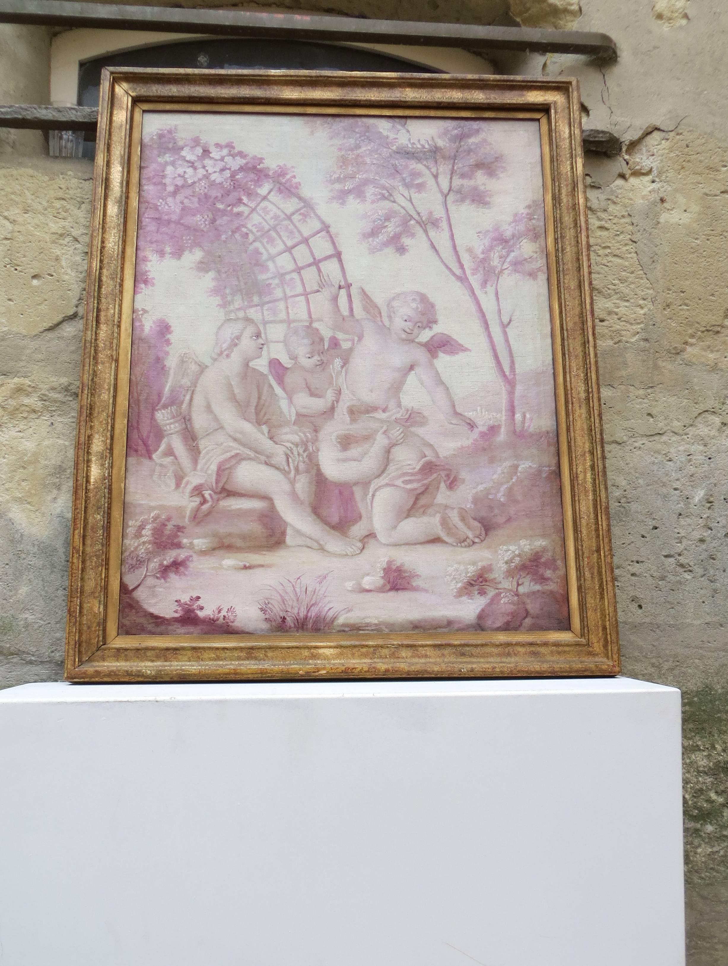 Framed oil on canvas depicting children. Pink grisaille of cherubs playing in a park. Subject often found over doors or piers in the manner of the 18th century.