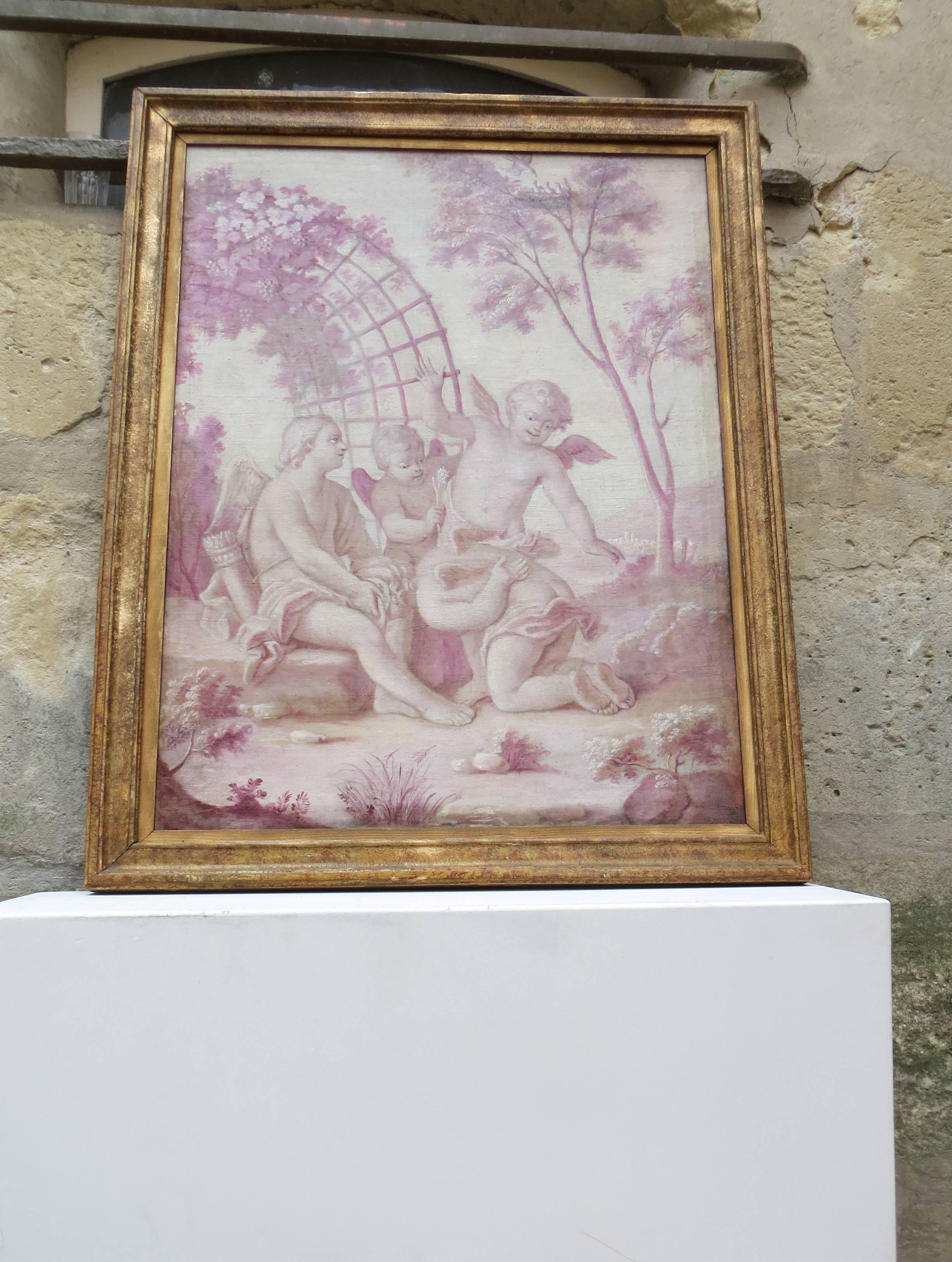 Óleo sobre lienzo enmarcado que representa a niños. Grisalla rosa de querubines jugando en un parque. Sujeto que a menudo se encuentra sobre puertas o pilares a la manera del siglo XVIII.