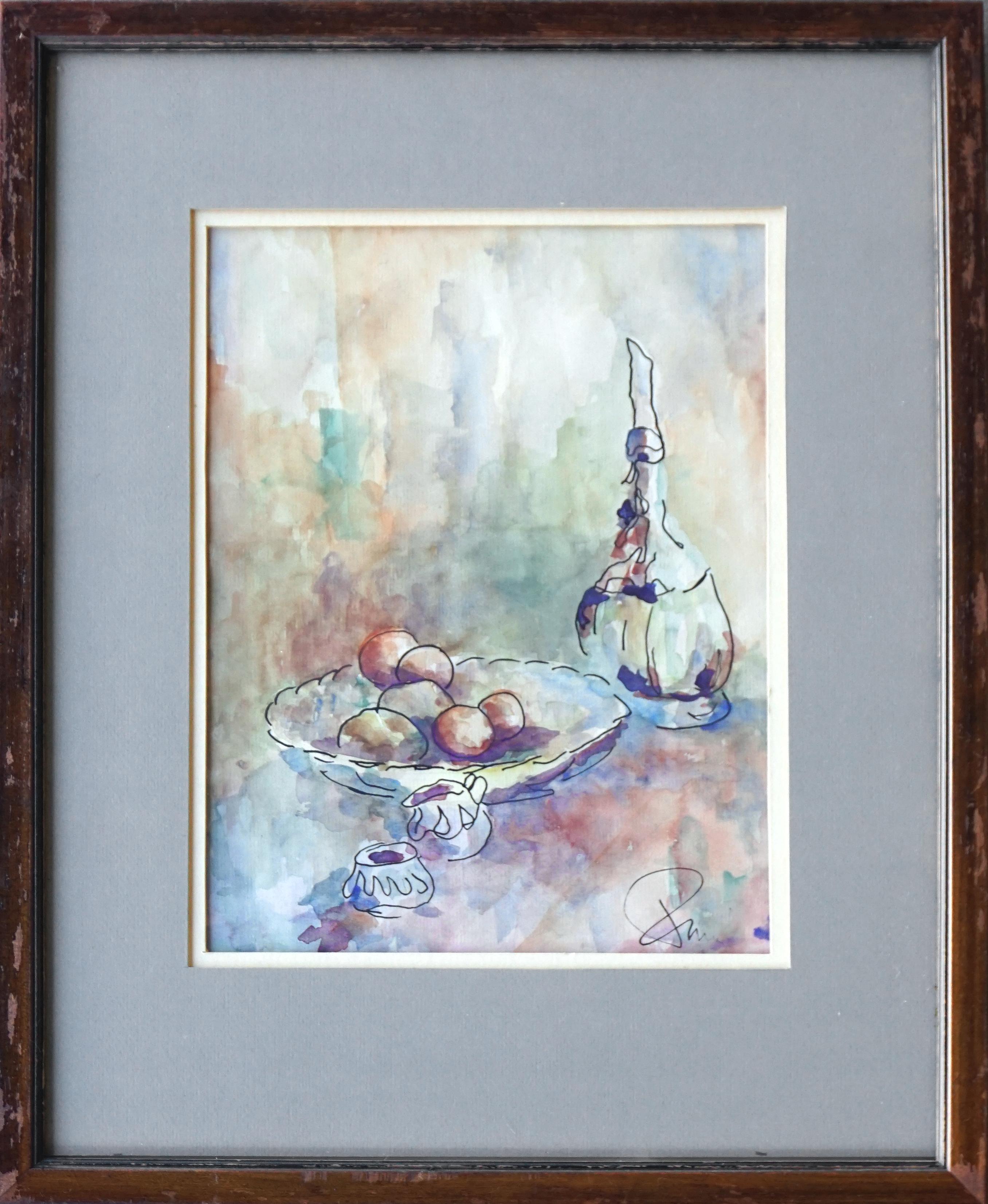 Unknown Still-Life Painting - Chianti, Candle, & Fruit - Vintage Watercolor Still Life