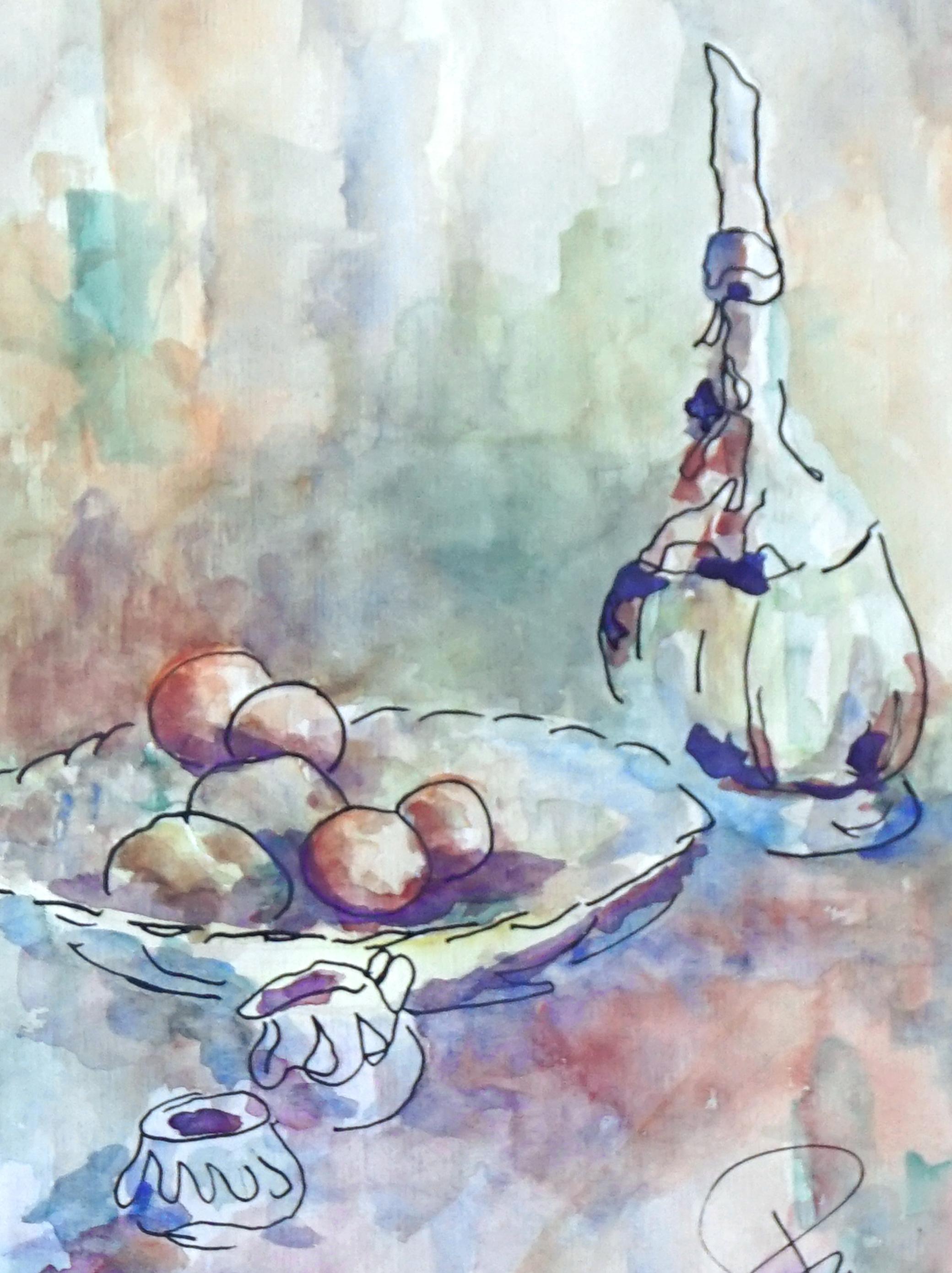 Chianti, bougie et fruits - Aquarelle - Nature morte vintage - Impressionnisme Painting par Unknown