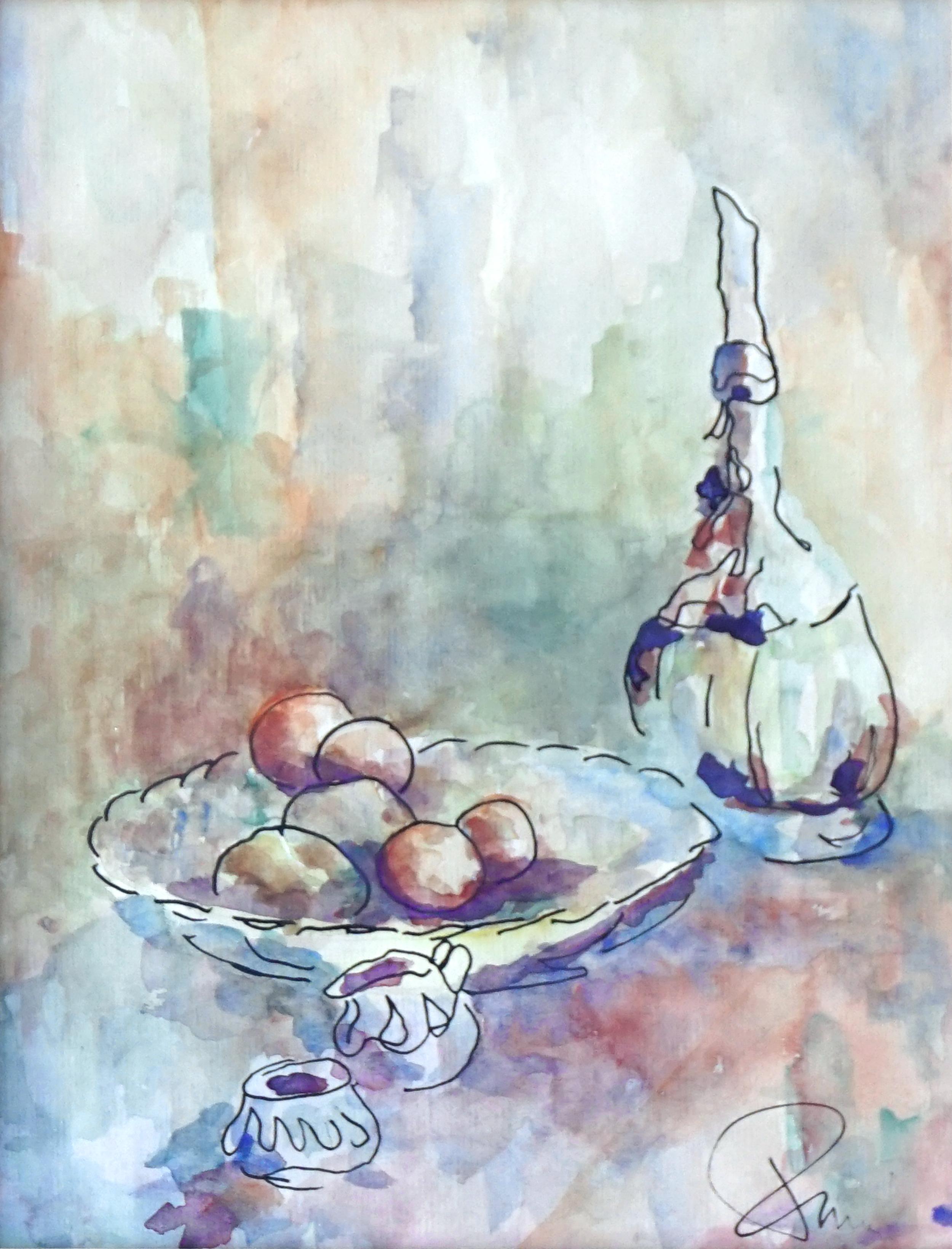 Chianti, Vela y Fruta - Naturaleza Muerta Acuarela Vintage - Painting de Unknown