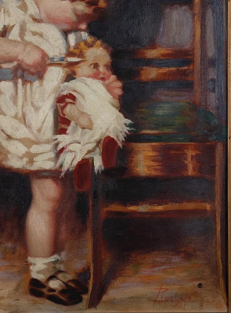 Enfant et poupée -  Peinture à l'huile sur toile - Début du XXe siècle - Moderne Painting par Unknown