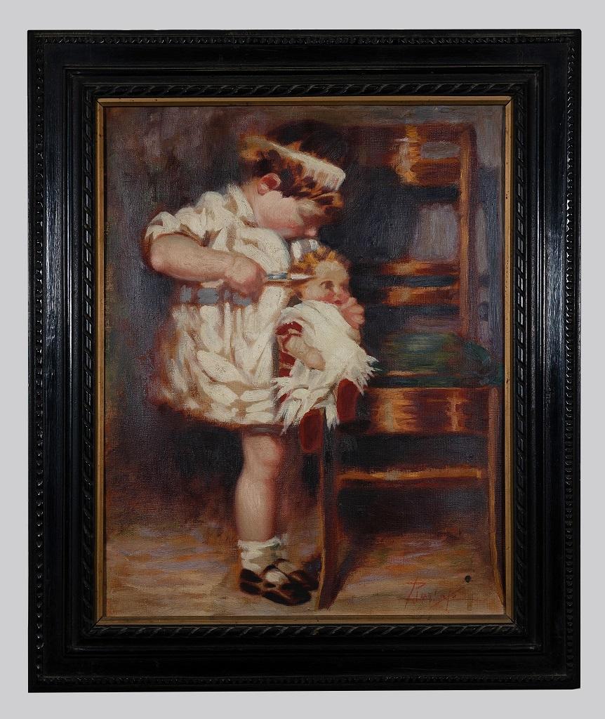 Figurative Painting Unknown - Enfant et poupée -  Peinture à l'huile sur toile - Début du XXe siècle