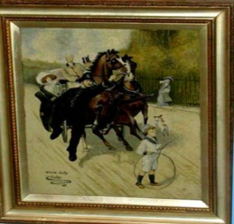 Child & Dog Playing in the Road - Painting by Unknown