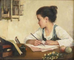 Child Studying - Origina Oil Painting on Board - Early 20th Century