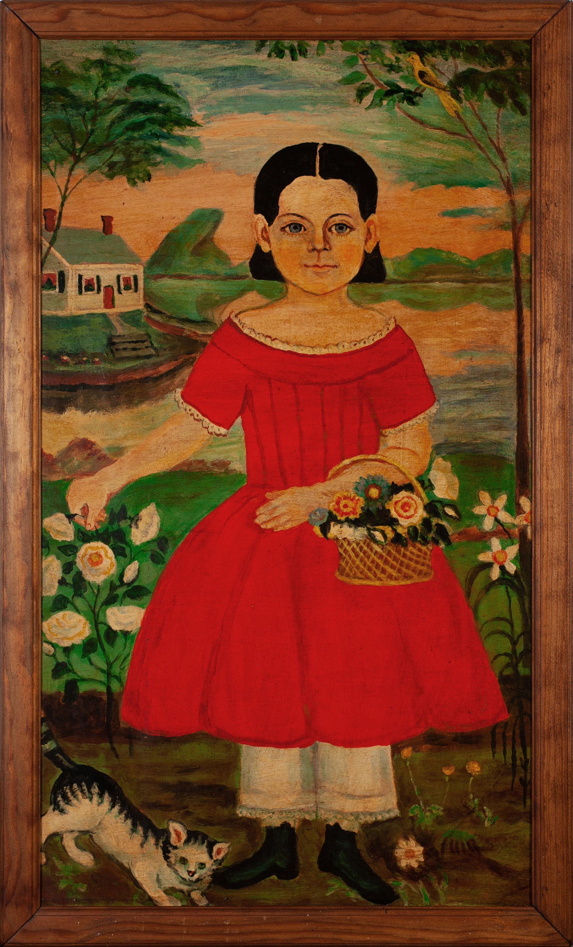 Unknown Figurative Painting - Child with Kitten and Basket of Flowers