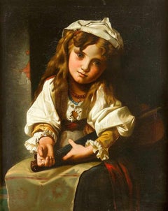 Child with Violin - Original Oil on Canvas 19th Century