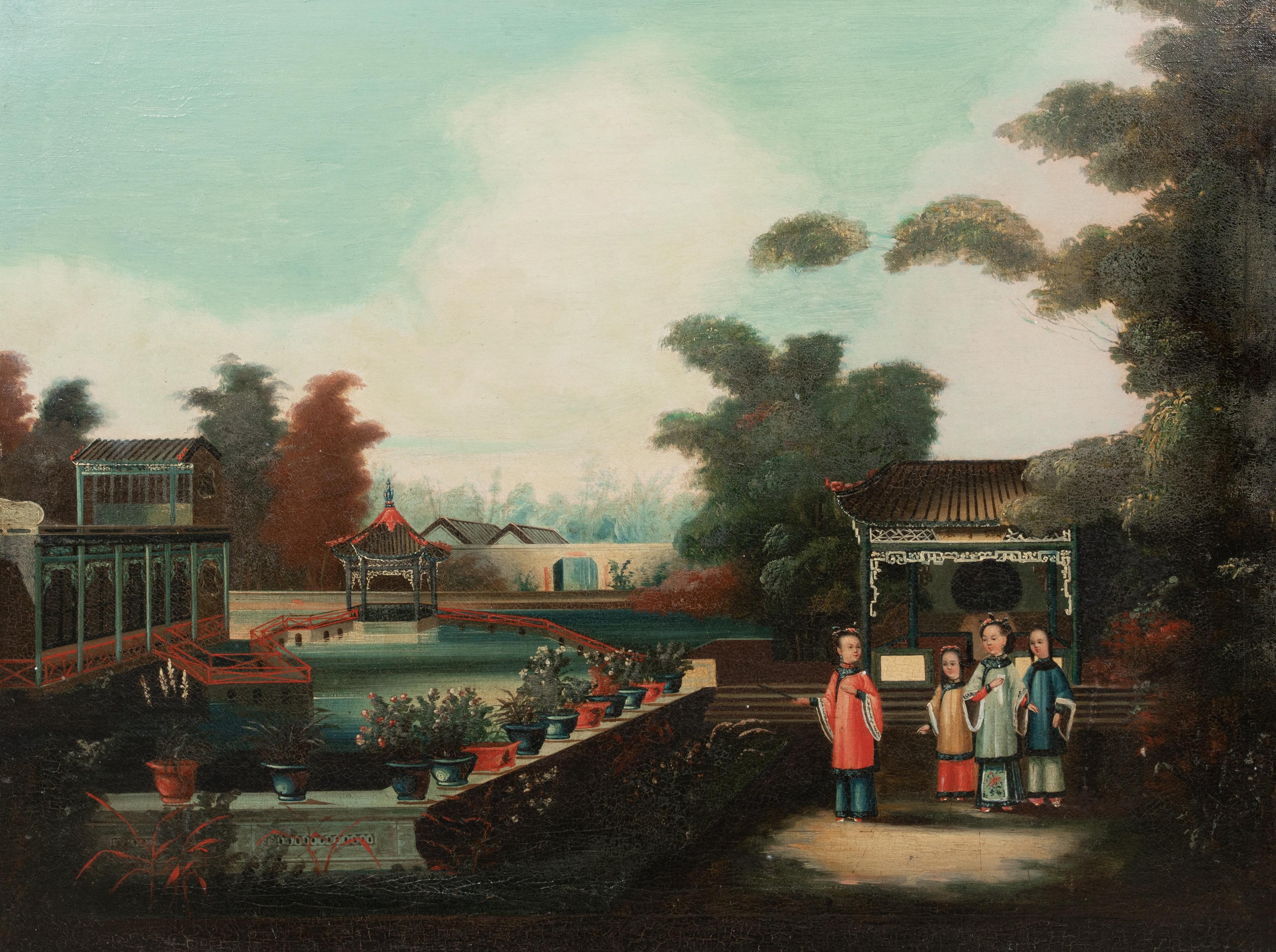 Children In A Garden Landscape, 19th Century

Qing Dynasty Chinese School

Large 19th Century Chinese School garden landscape with children, oil on canvas. Excellent quality and condition circa 1840 garden scene with a woman and children in an