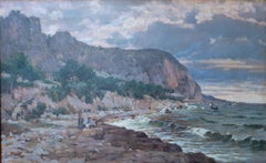 Children on the Beach Marine Landscape French Antique Oil Painting