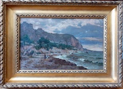 Children on the Beach Marine Landscape French Antique Oil Painting