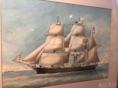 Victorian Nineteenth Century Watercolor Naive Ship Portrait a Chiliean Packet
