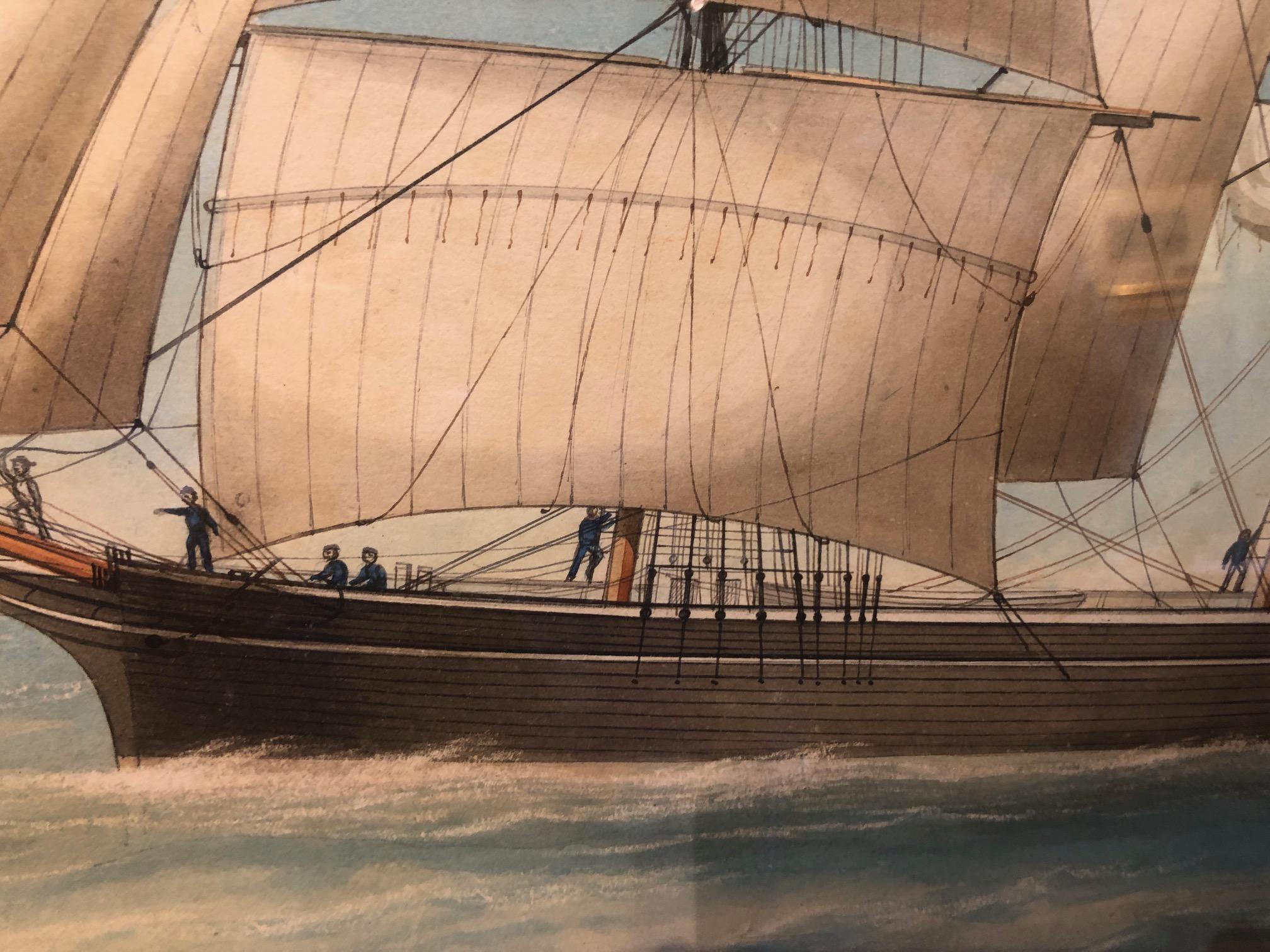 Although this is unsigned, it is one of a very collectable genre of ship's paintings.  Often called Pierhead Paintings, they were frequently commissioned by the Ship's Owner and is a record of the Vessel often the characters on deck include the