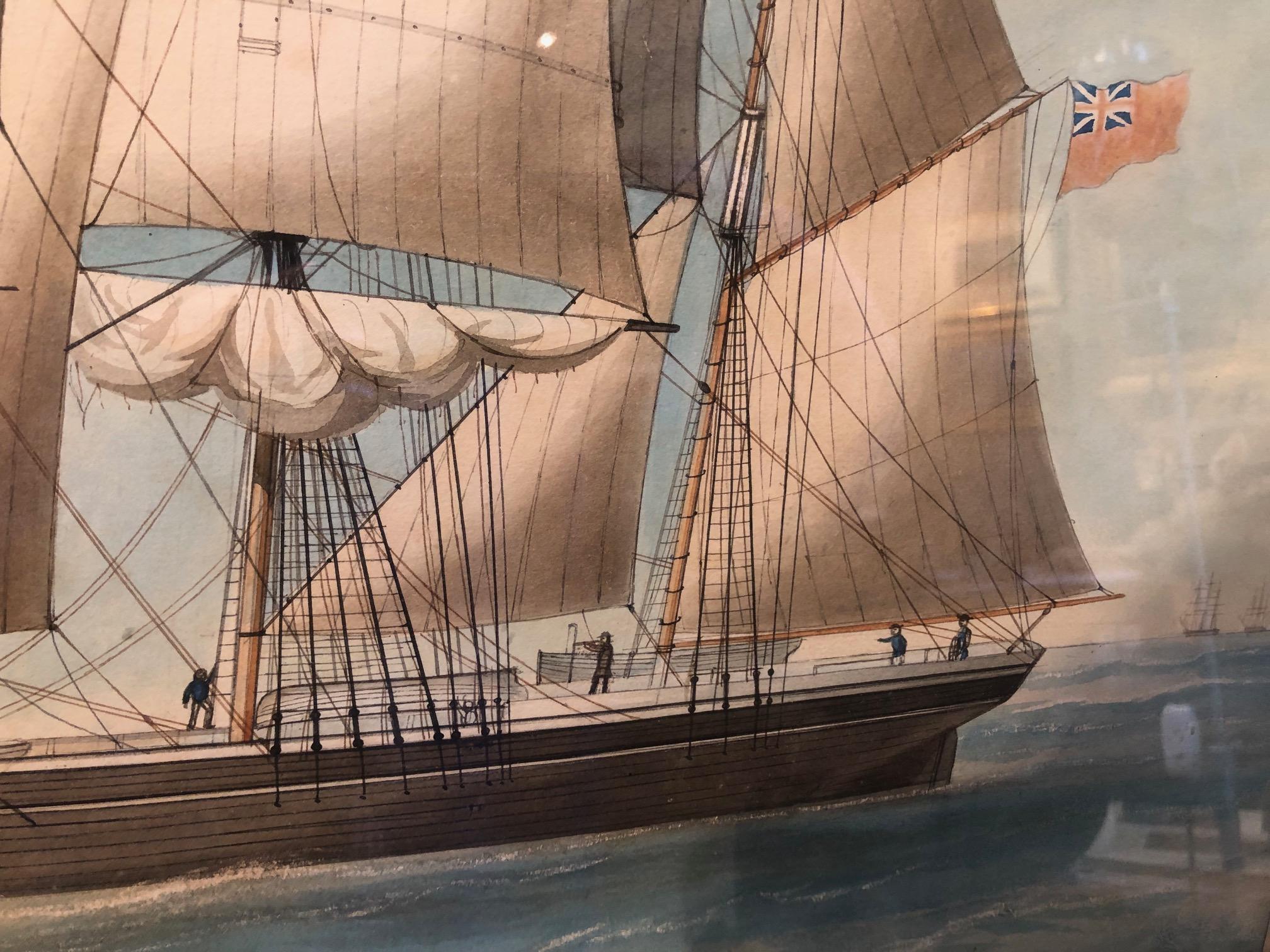 Grand portrait naïf de navire à l'aquarelle, non signé et bien encadré, du Chili en vente 1