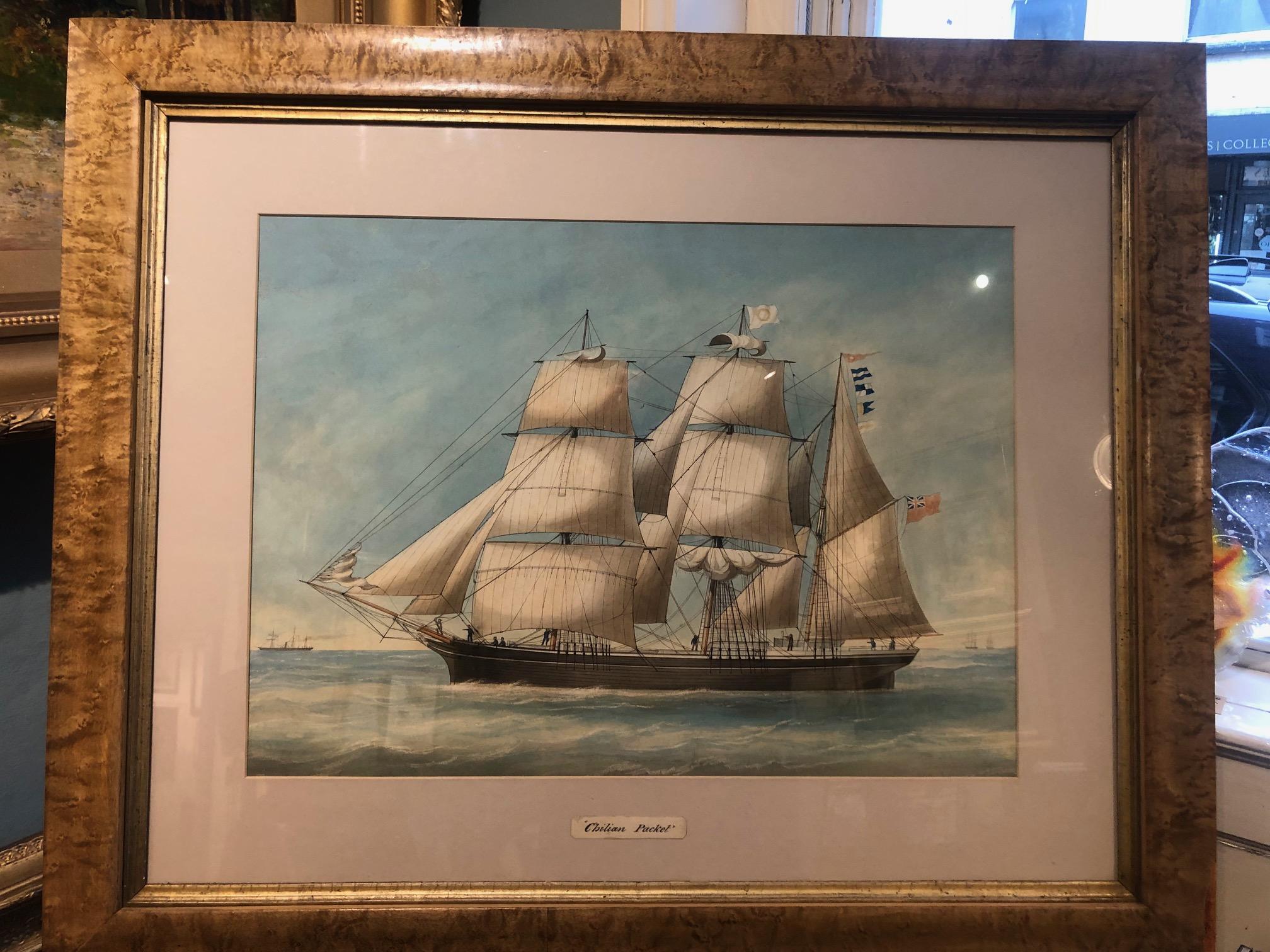 Grand portrait naïf de navire à l'aquarelle, non signé et bien encadré, du Chili