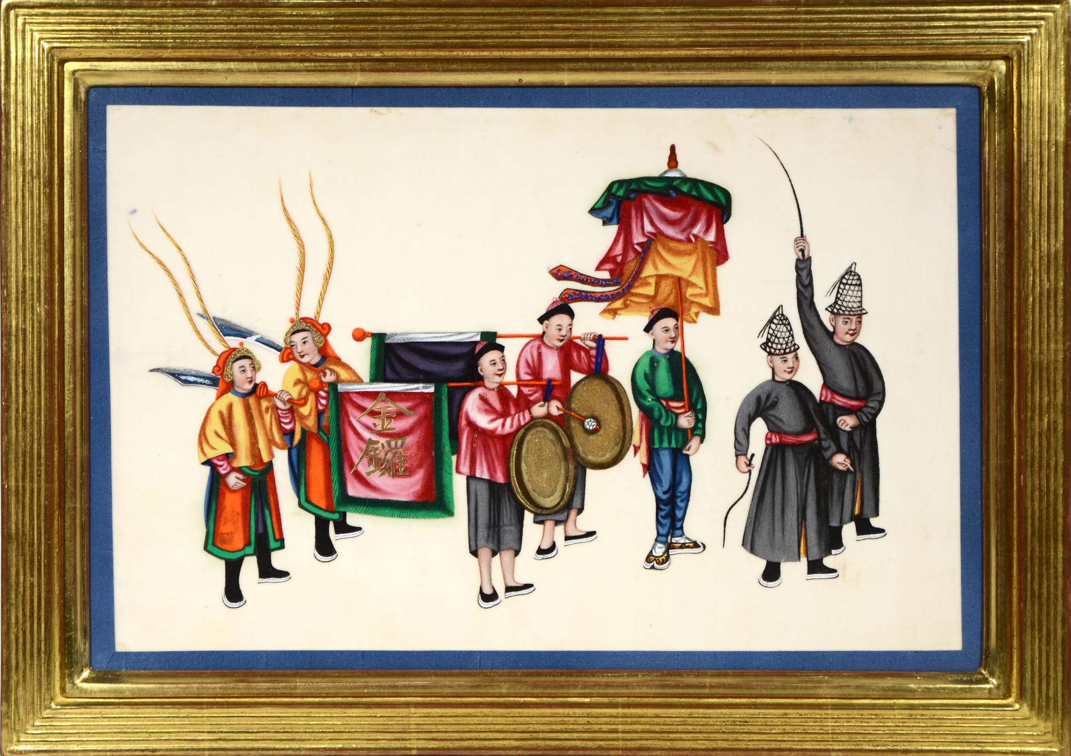 [China Export Water-colours on Pith Paper]
A Set of Twelve Processions.
China, ca. 1870].

Water-colour and gouache studies on pith paper, framed by blue silk ribbon, all mounted. 

Pith came into use for painting to satisfy the increasing demand