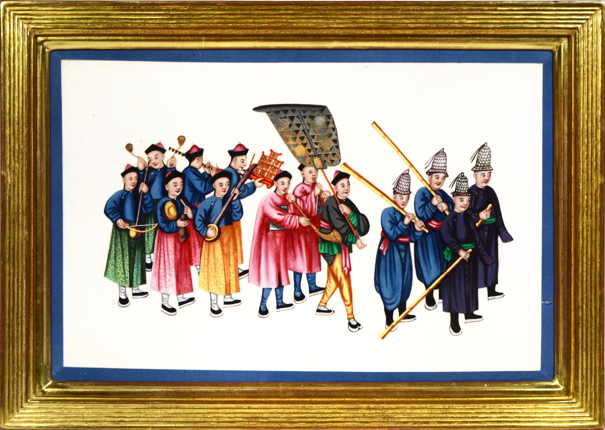 Figurative Painting Unknown - Aquarelle d'exportation chinoise sur papier de riz : ensemble de douze processions