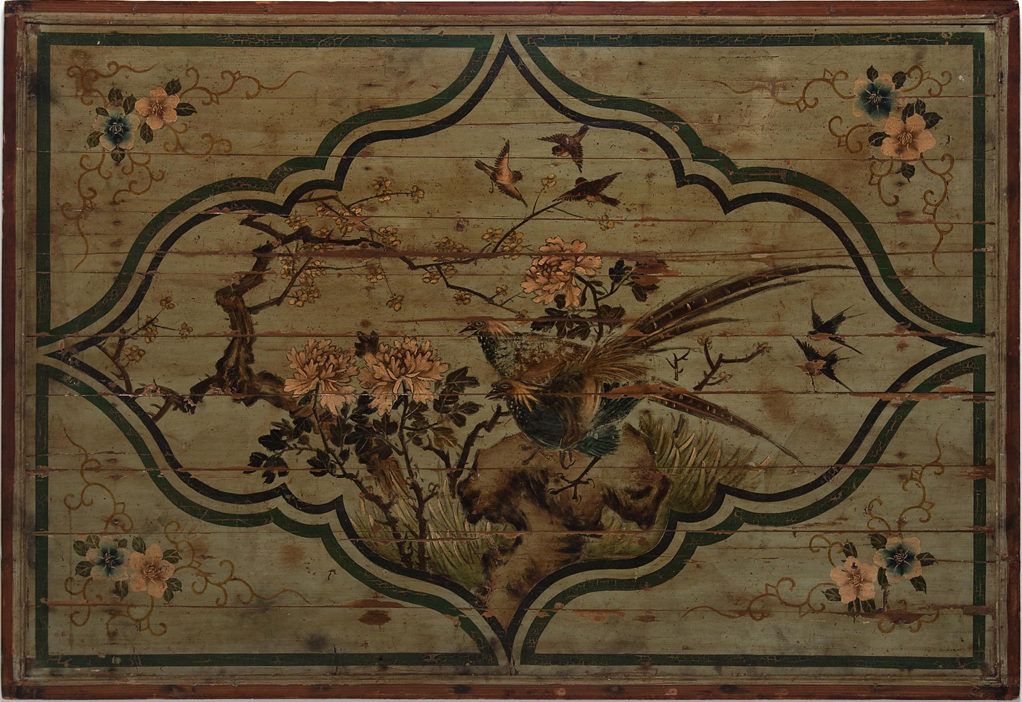 Unknown Figurative Painting - Chinese Bed Canopy Painting of Peonies and Pheasants, c. 1850