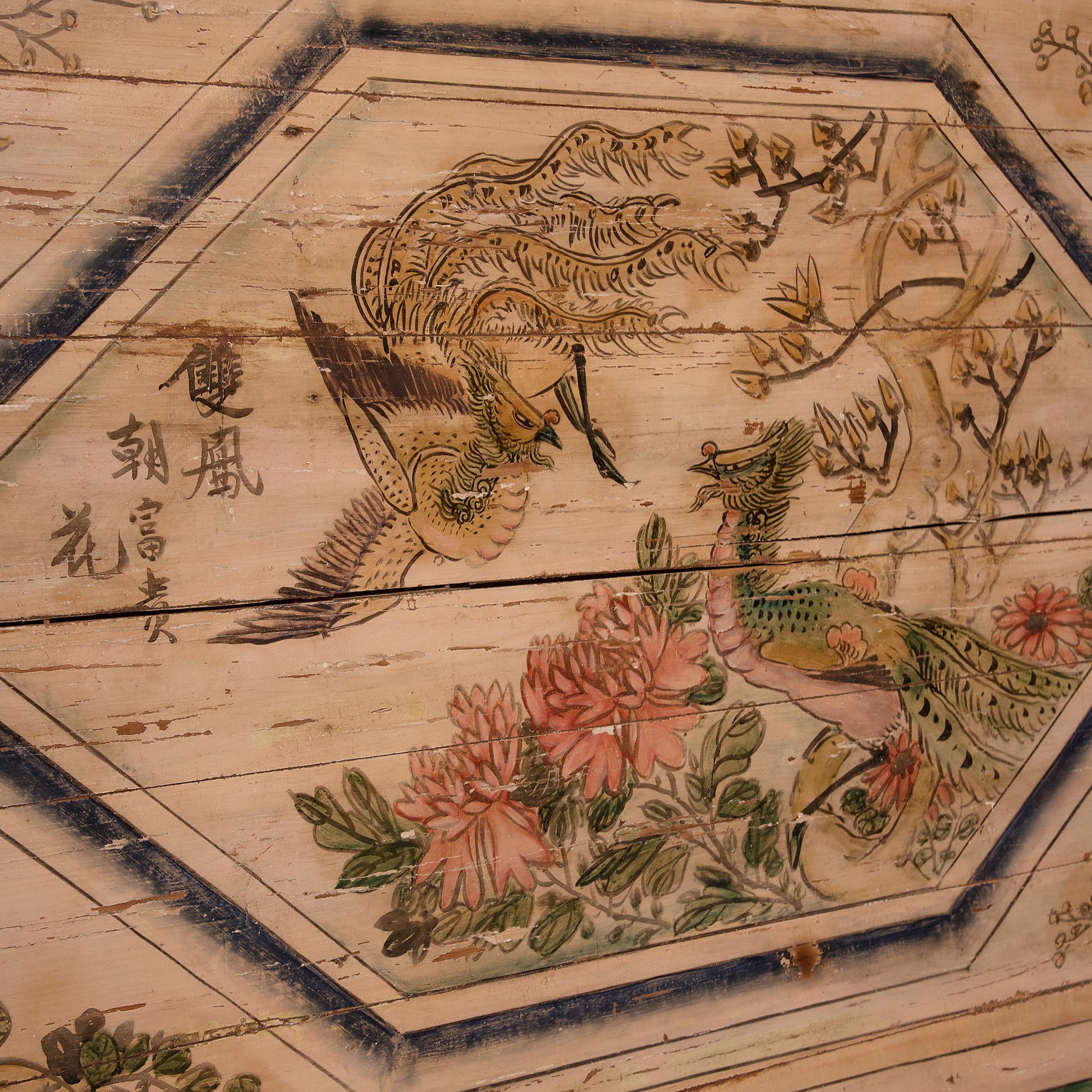 Chinese Bed Canopy of Phoenix and Fruits, Paint on Wood Panel, c. 1850 - Painting by Unknown