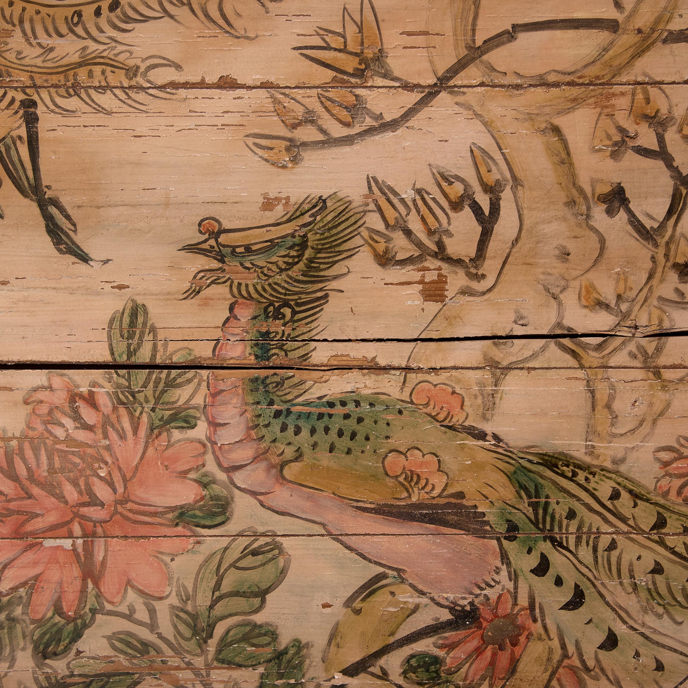 Chinese Bed Canopy of Phoenix and Fruits, Paint on Wood Panel, c. 1850 - Qing Painting by Unknown