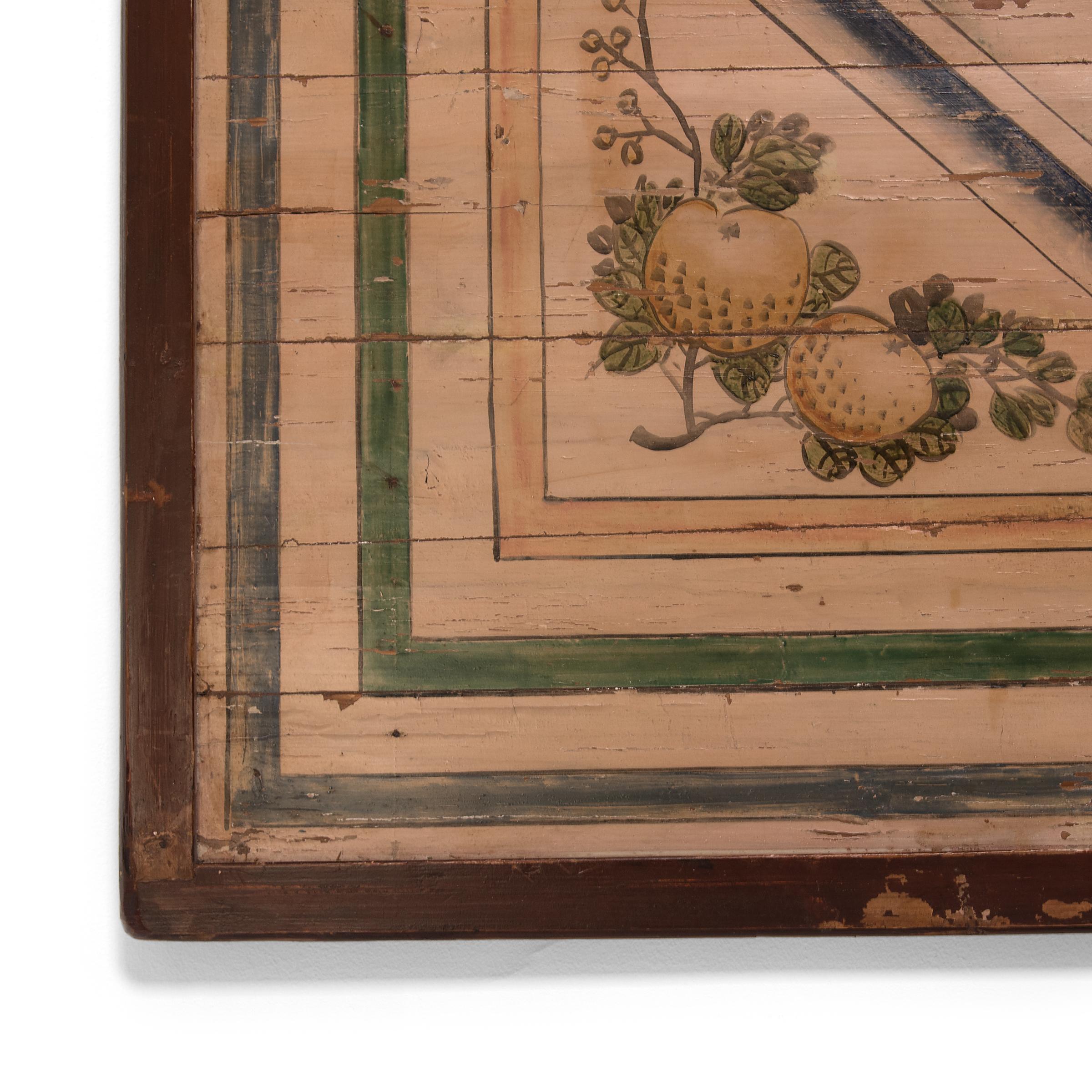 Chinese Bed Canopy of Phoenix and Fruits, Paint on Wood Panel, c. 1850 For Sale 1