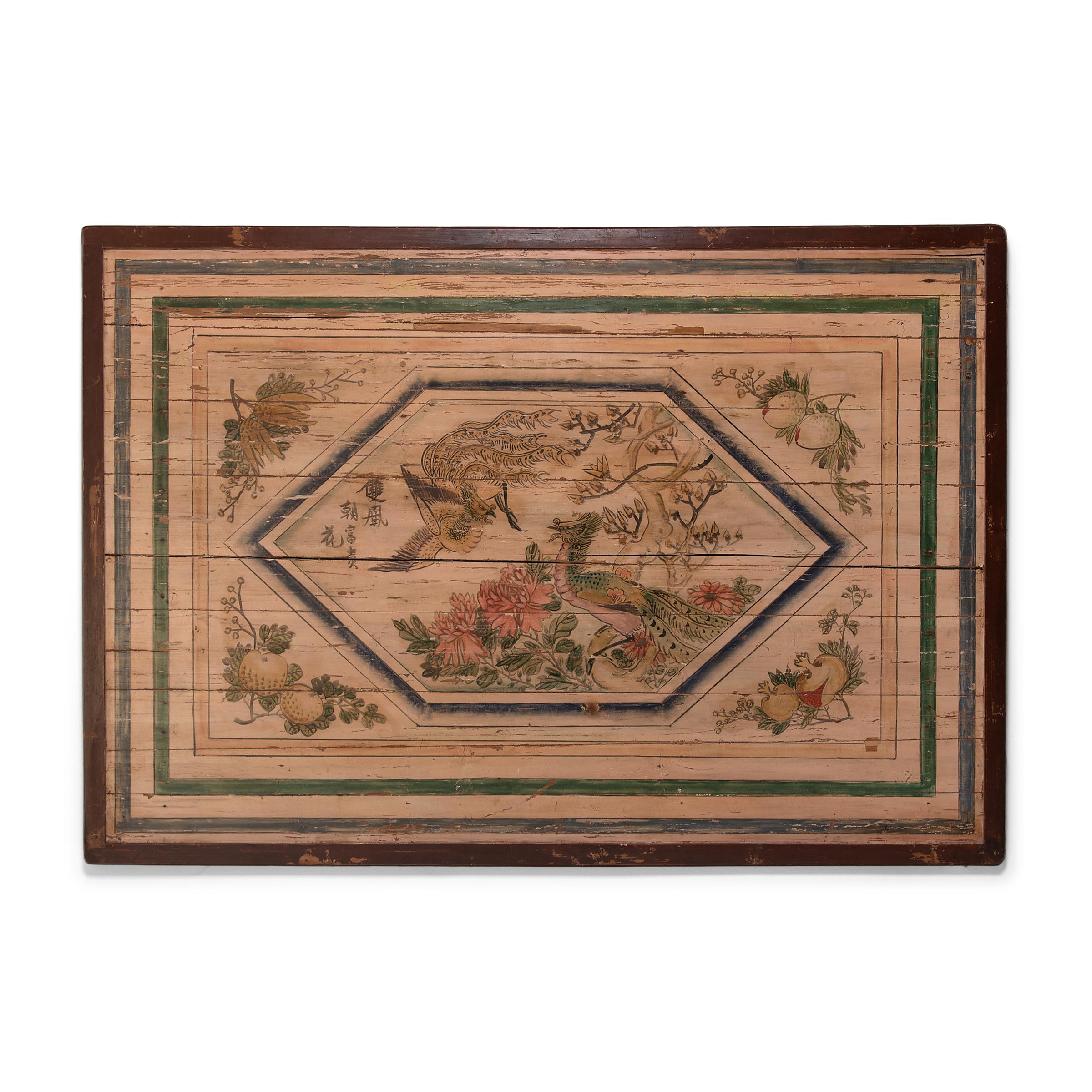 Chinese Bed Canopy of Phoenix and Fruits, Paint on Wood Panel, c. 1850 For Sale 2