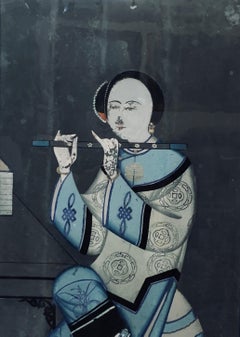 Chinese Export Reverse Painting on Glass of a Woman Playing a Flute, late 19th/C