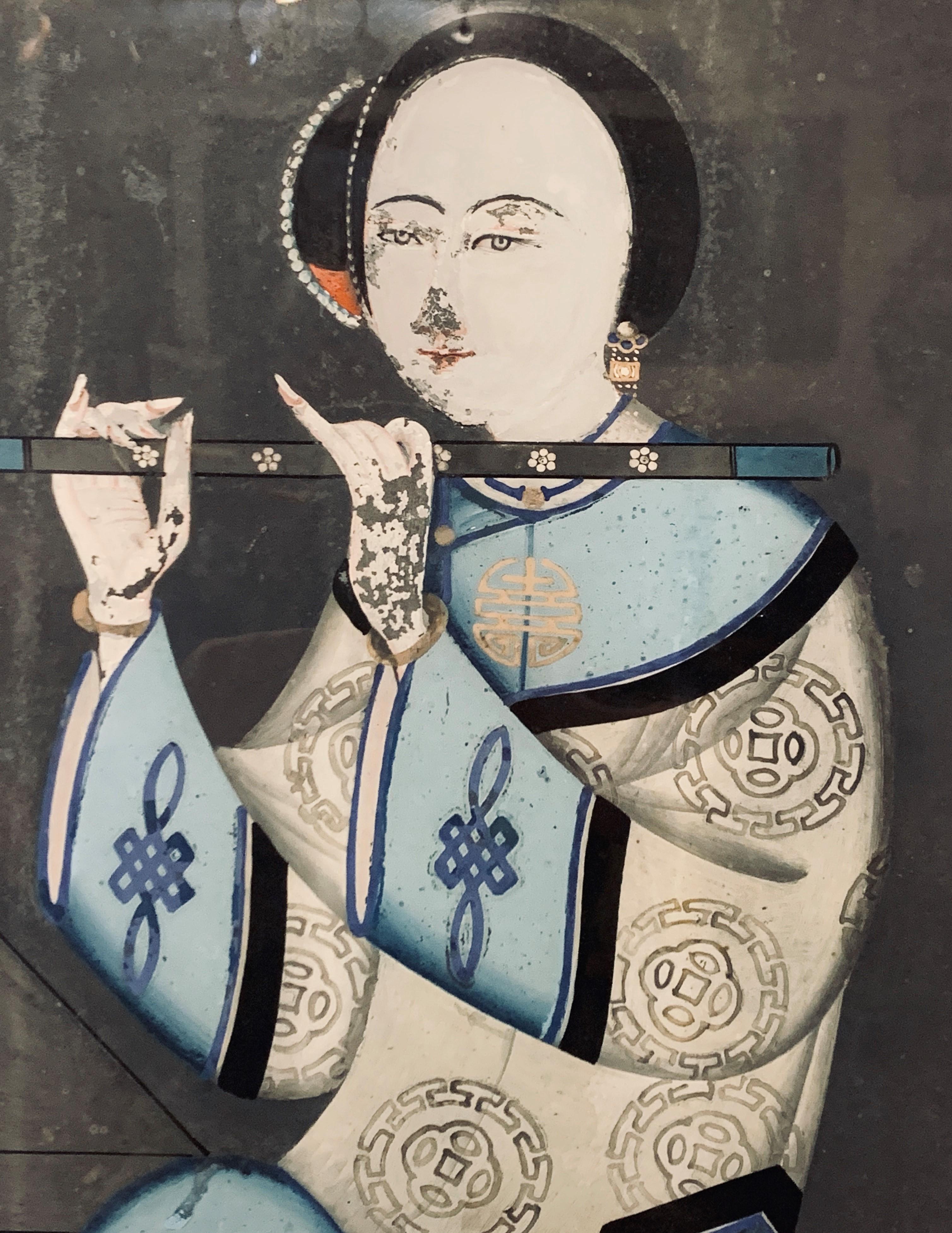 Chinesisches Export-Reverse-Gemälde auf Glas von einer Flöte spielenden Frau, Ende des 19. Jahrhunderts (Volkskunst), Painting, von Unknown