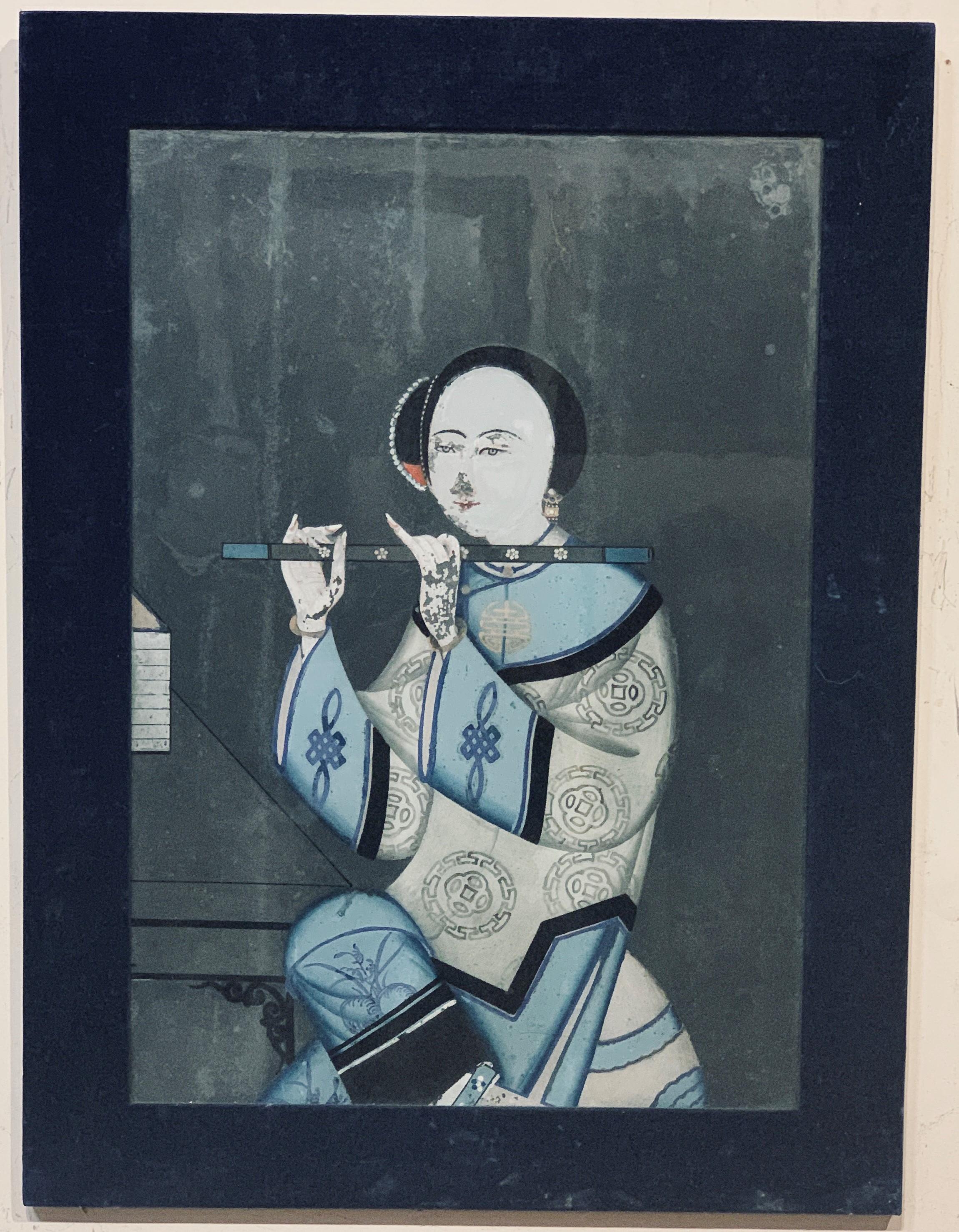 Unknown Figurative Painting – Chinesisches Export-Reverse-Gemälde auf Glas von einer Flöte spielenden Frau, Ende des 19. Jahrhunderts