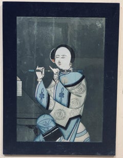 Chinese Export Reverse Painting on Glass of a Woman Playing a Flute, late 19th/C