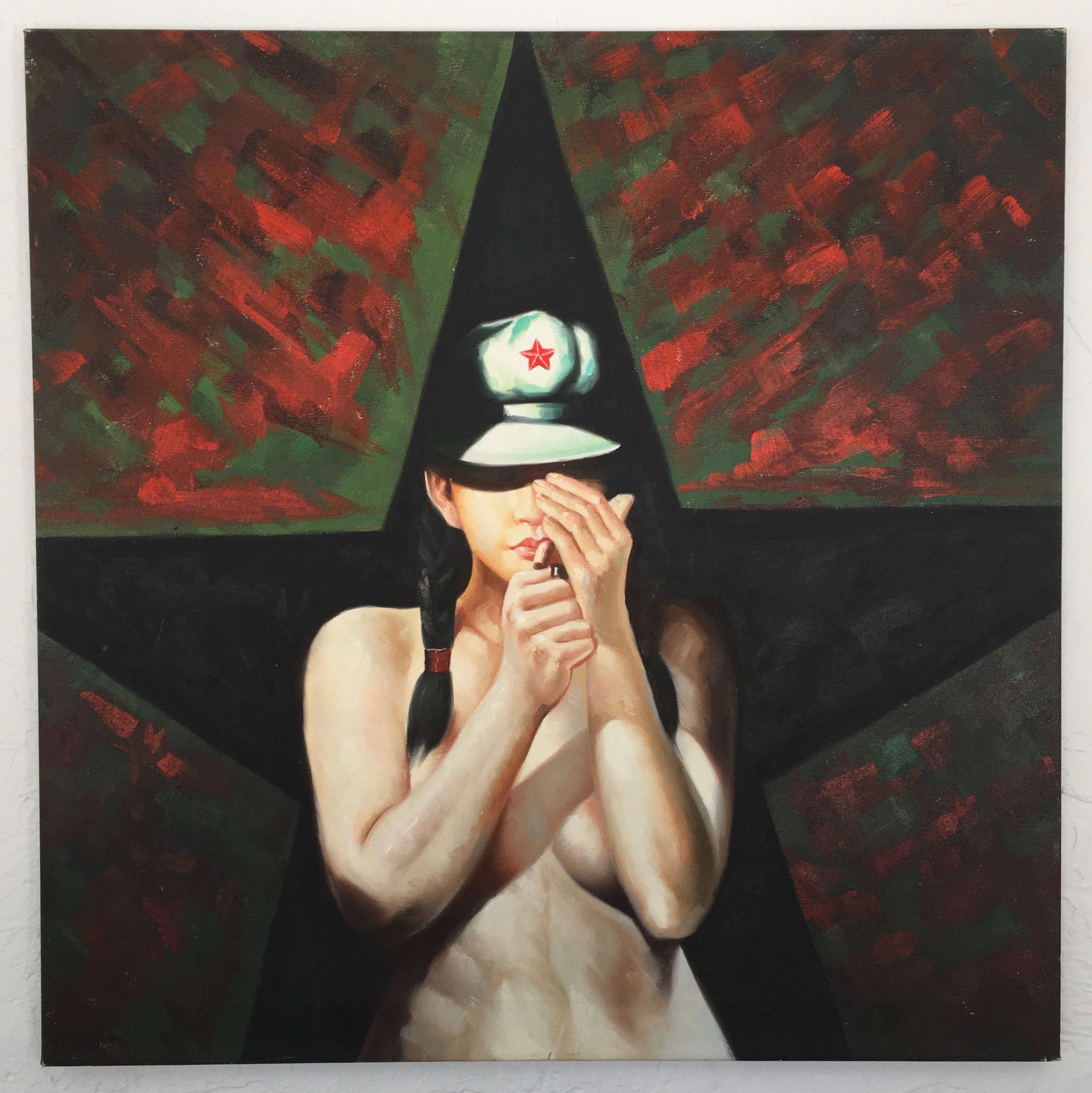 This large acrylic on canvas painting, 'Chinese Female Nude Pop Art,' is 36" x 35.75"  by an Unknown artist. It is a Pop Art work, depicting a female nude figure in the forefront, taking up the center of the composition. The figure, presumably