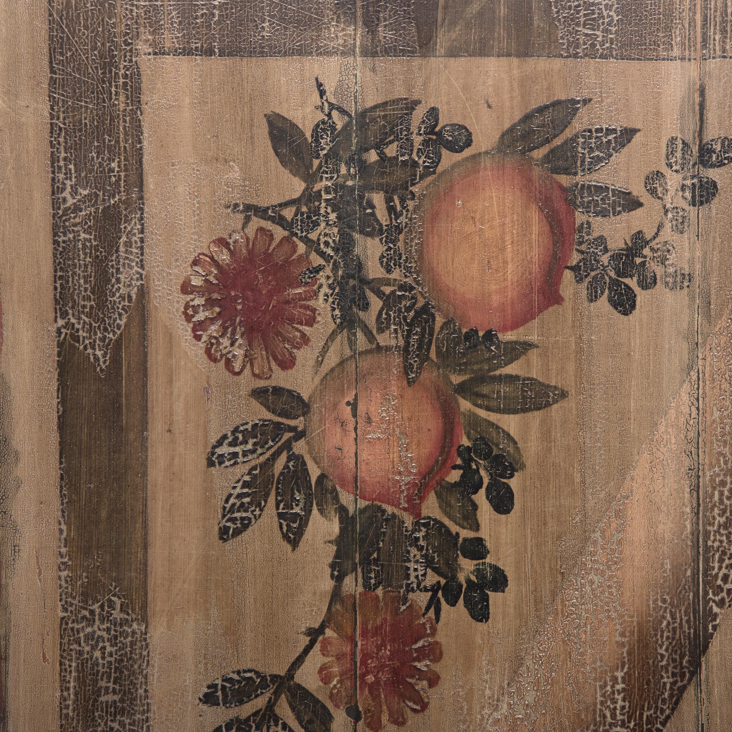 Thoughts of a long, happy life greeted the young couple who gazed up from their bed on this canopy panel. Adorned with chrysanthemums and peaches, both symbols of longevity, the lyrical motif was carefully painted on wood by an early 20th-century
