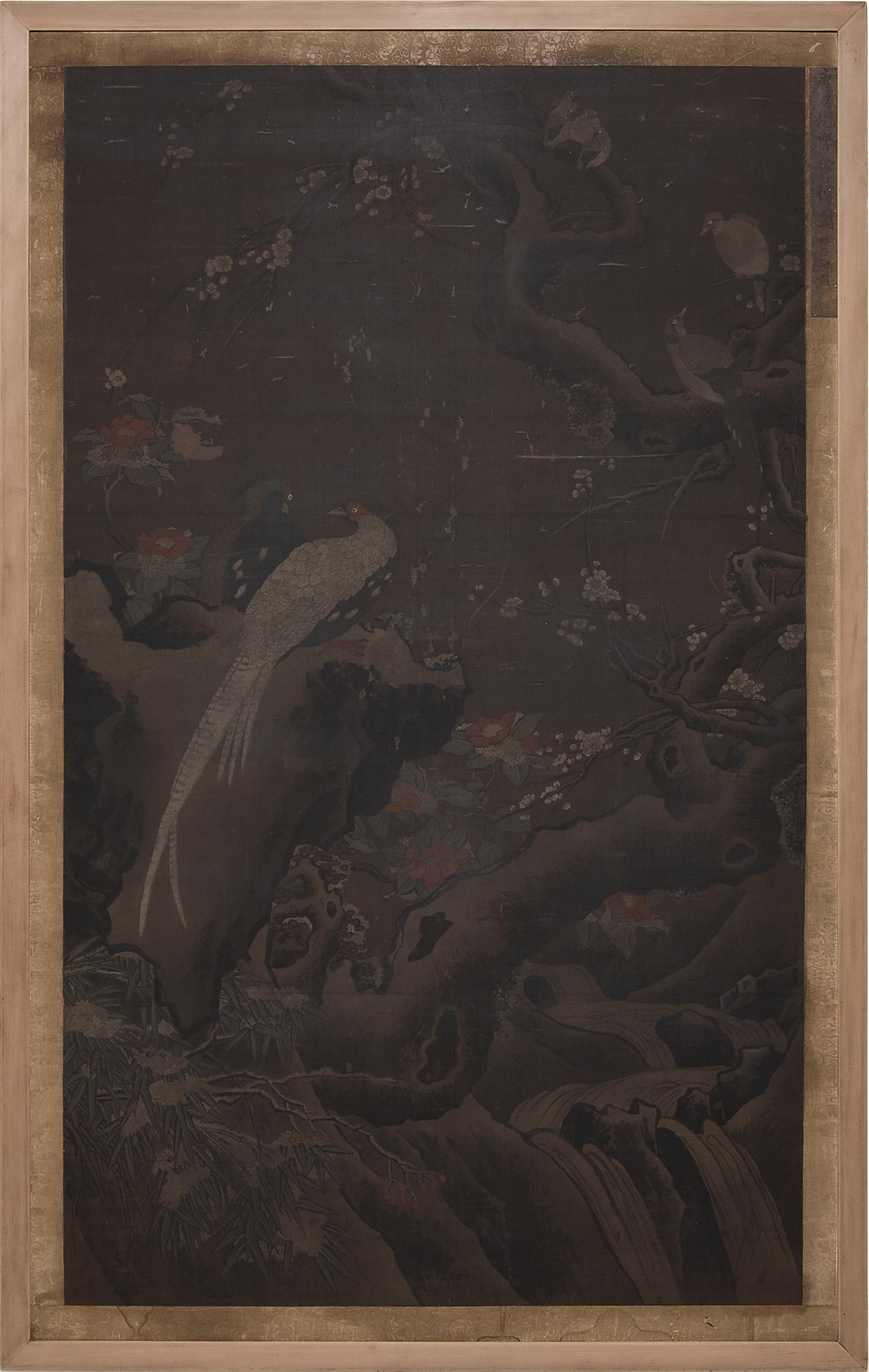 Unknown Animal Painting - Chinese Ink Painting of Silver Pheasants and Winter Flowers, Ming Dynasty