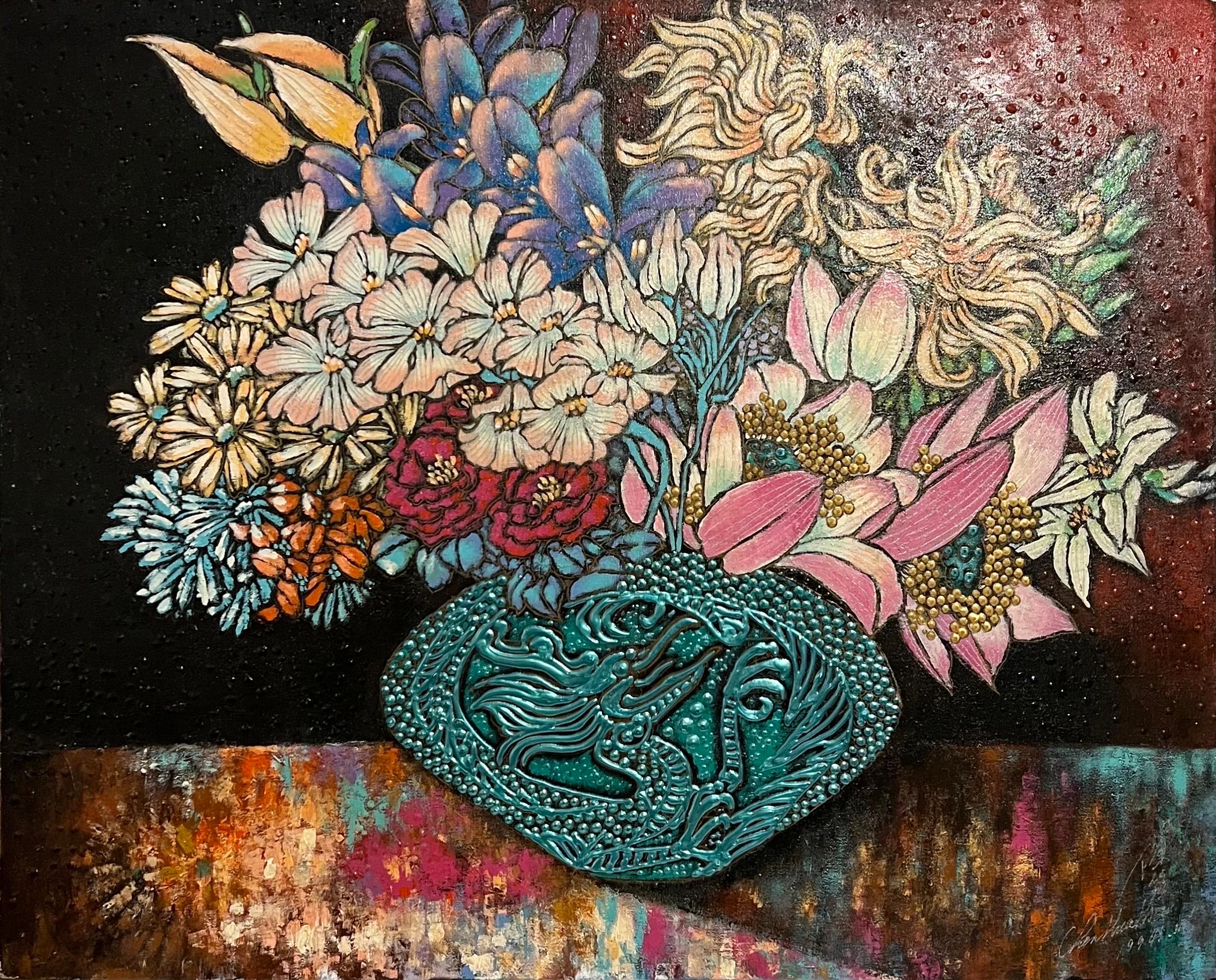Chinese Large Modernist Color Painting Asian Dragon Vase, Flowers Textured Paint - Black Still-Life Painting by Unknown