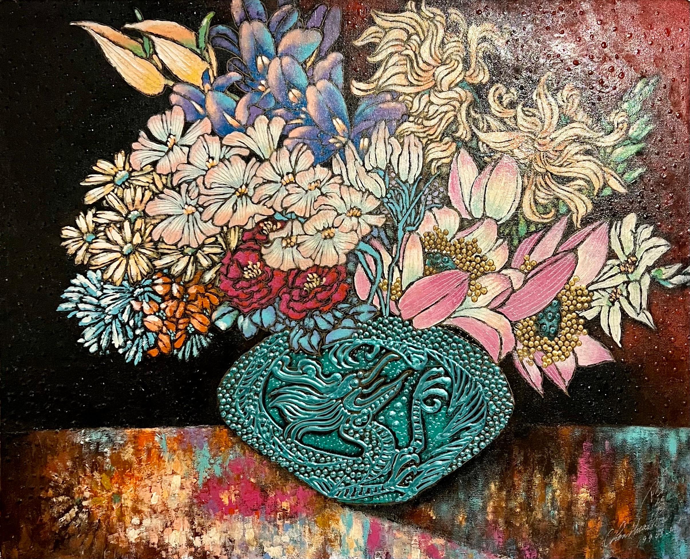 Unknown Still-Life Painting - Chinese Large Modernist Color Painting Asian Dragon Vase, Flowers Textured Paint