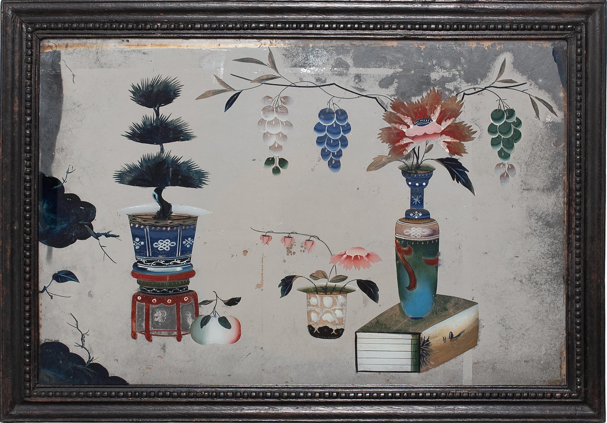Still-Life Painting Unknown - Peinture chinoise en verre inversé d'objets d'érudits, vers 1850