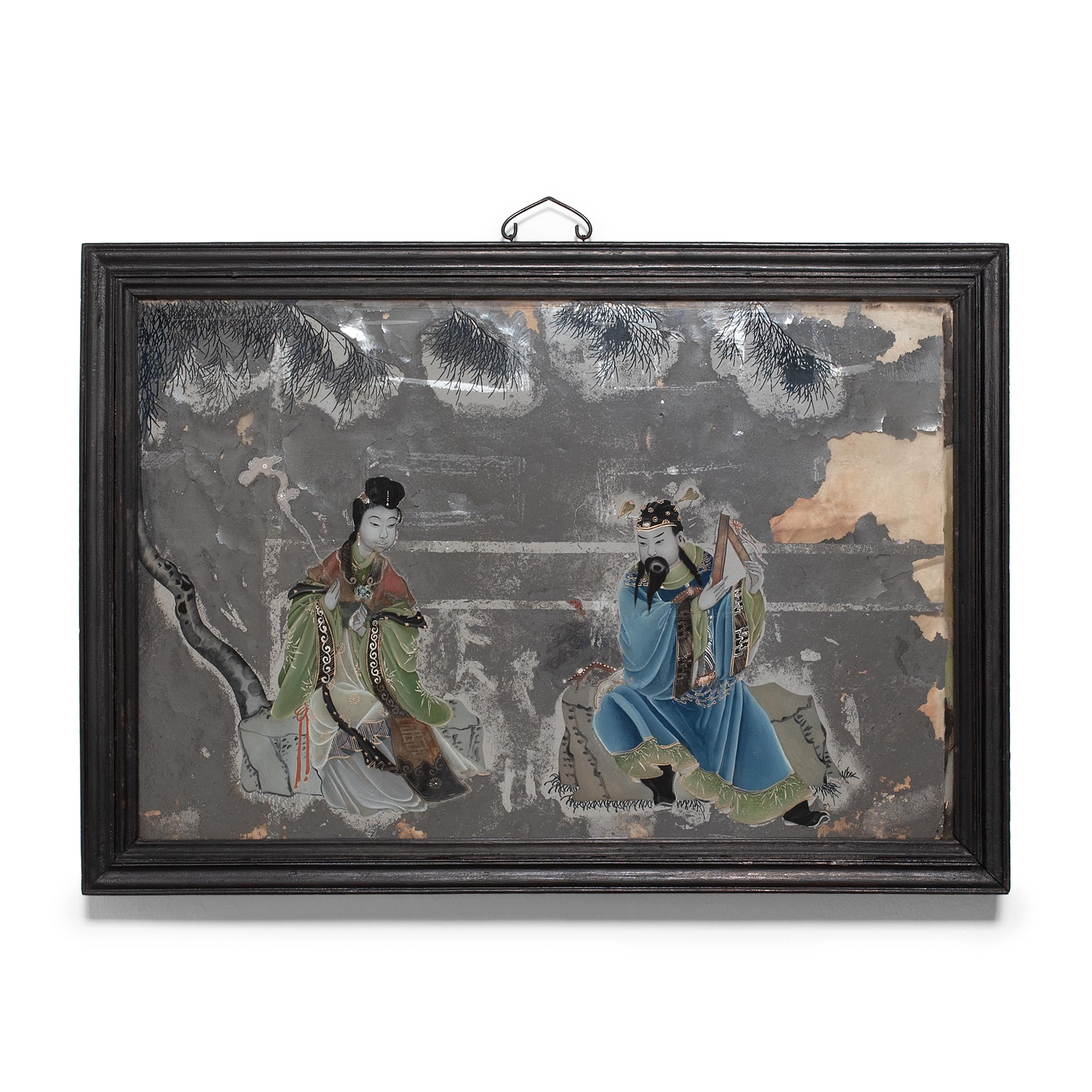Peinture chinoise en verre inversé d'immortels taoïstes, vers 1900